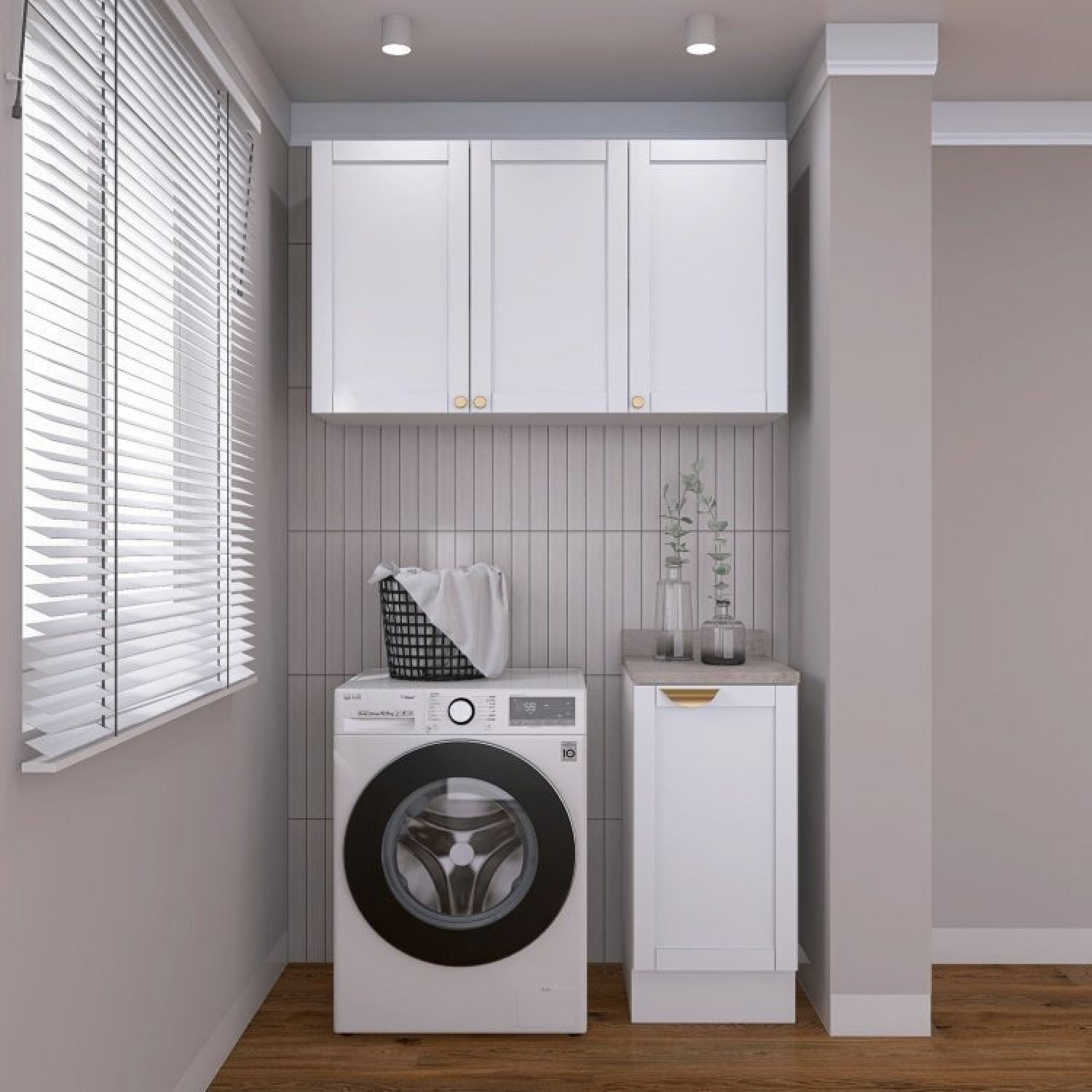 Lavanderia Modulada 2 Peças 1 Armário Aéreo 3 Portas 1 Balcão Cabecasa Madeiramadeira Branco