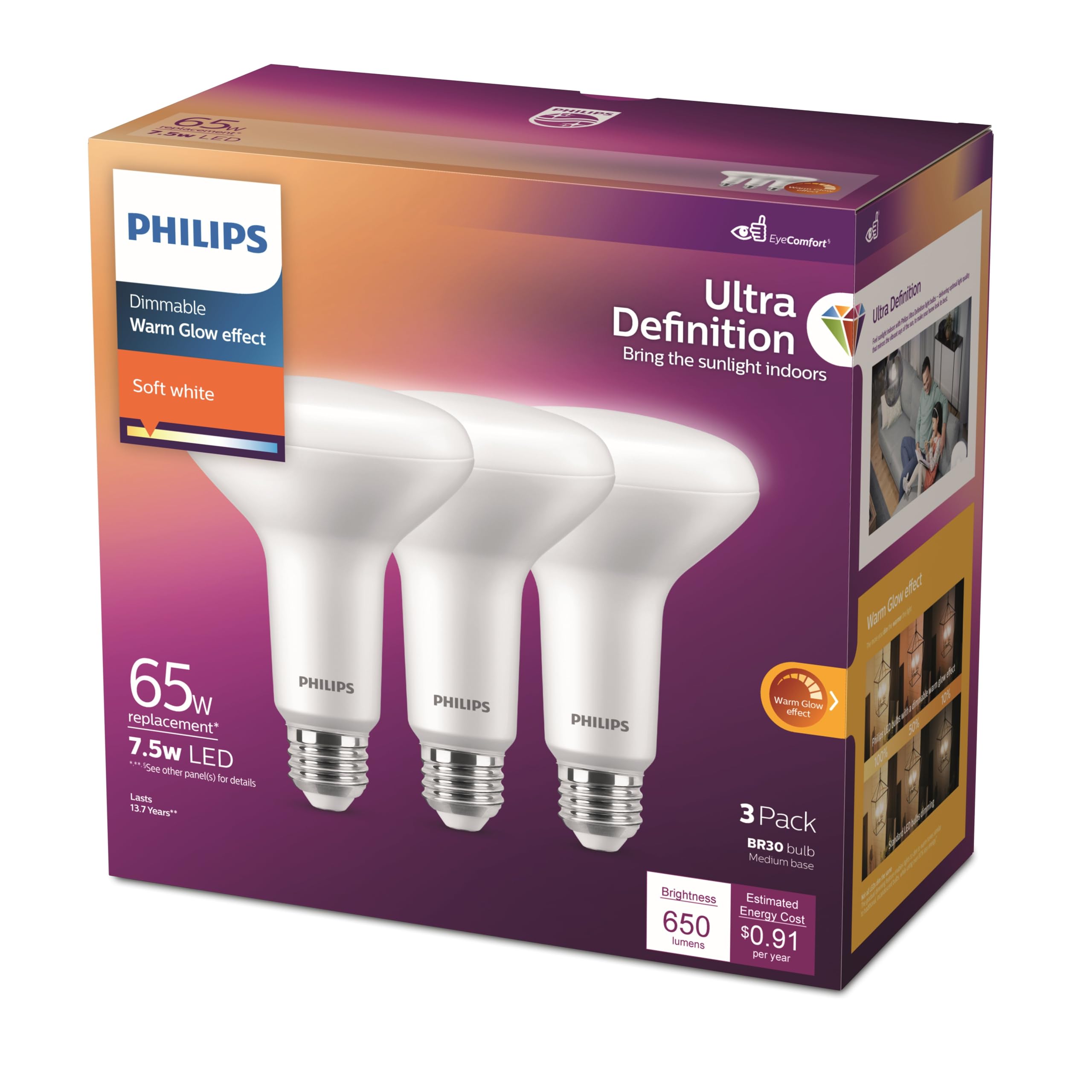 Lâmpada De Holofote Led Philips Br30 E26 Soft White 65w, Pacote Com 3