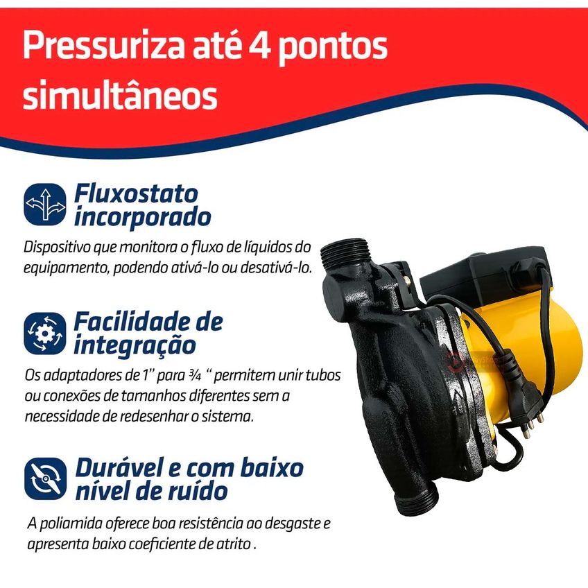 Bomba Pressurizadora 15mca 300w 3300 L/h Para 4 Pontos Agua Fria E Quente 110v - Torneira, Ducha E Chuveiro - imagem 2