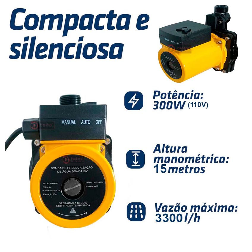 Bomba Pressurizadora 15mca 300w 3300 L/h Para 4 Pontos Agua Fria E Quente 110v - Torneira, Ducha E Chuveiro - imagem 4