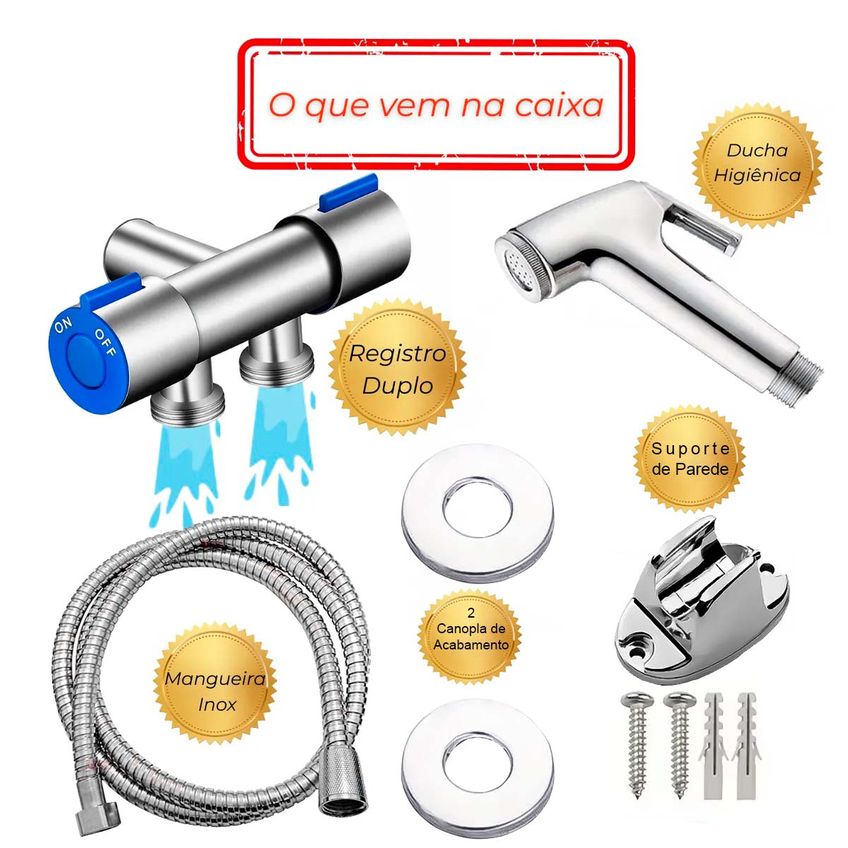 Kit Ducha Higienica Com Registro Saída Dupla 1/2 Luxo Metal Aço Inox Chuveirinho Duchinha E Mangueira 1,50m - imagem 4