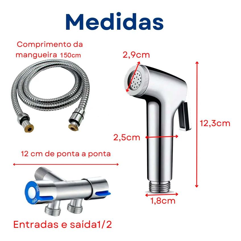 Kit Ducha Higienica Com Registro Saída Dupla 1/2 Luxo Metal Aço Inox Chuveirinho Duchinha E Mangueira 1,50m - imagem 5