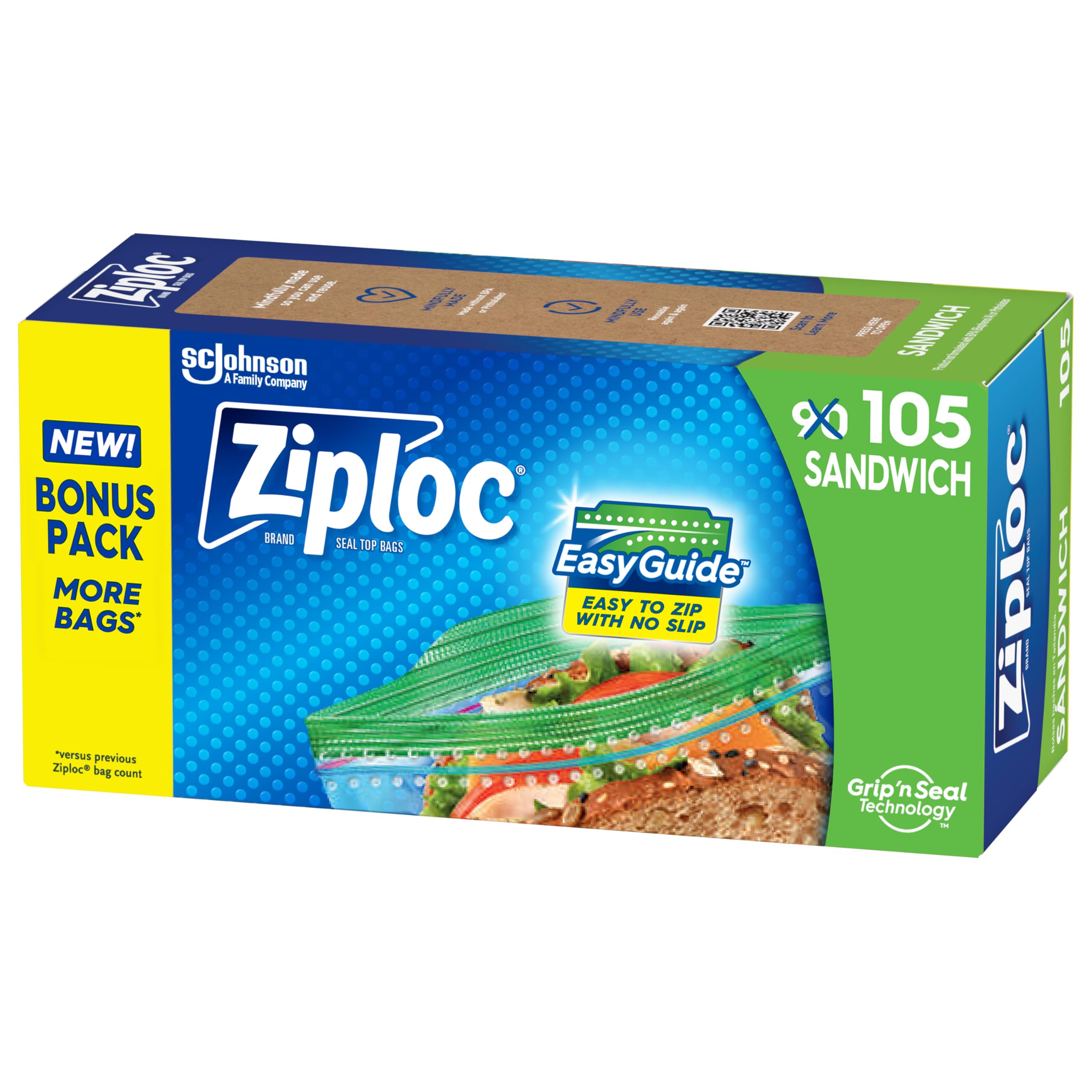 Sacos De Armazenamento De Alimentos Ziploc Easyguide Texture, Pacote Com 105