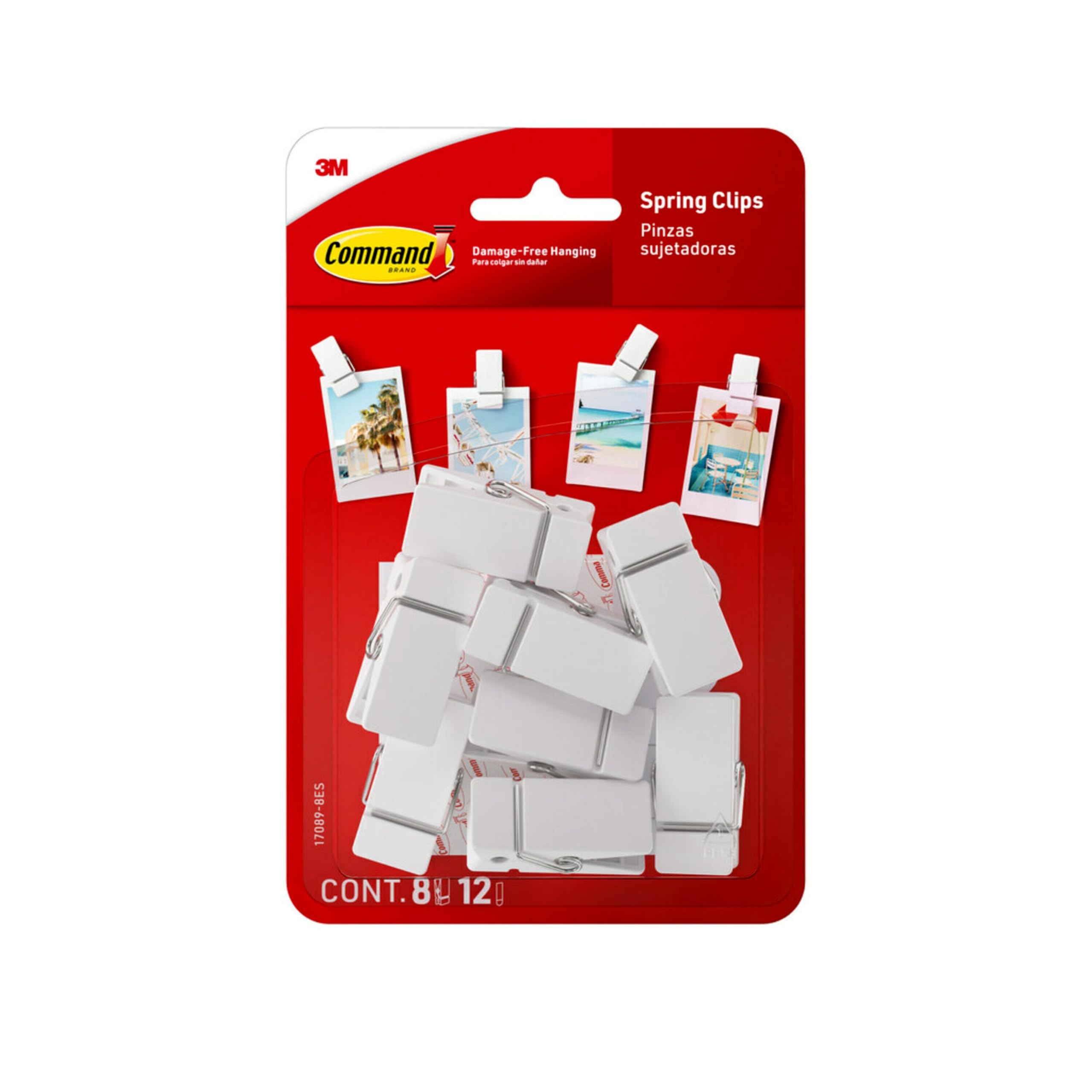 Command Spring Clips White, Pacote De 8 Com 12 Tiras Adesivas