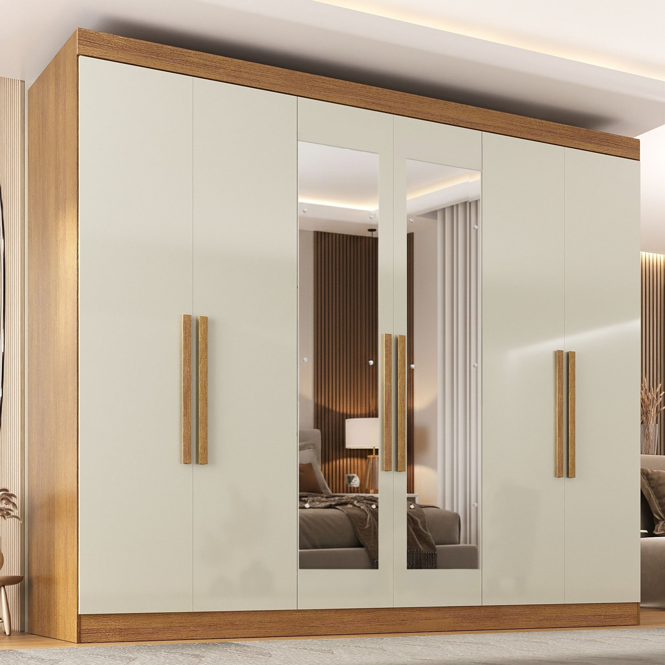Guarda-roupa 6 Portas Com Puxadores Mdf 50 E Espelho Paris Cinamomo/off White