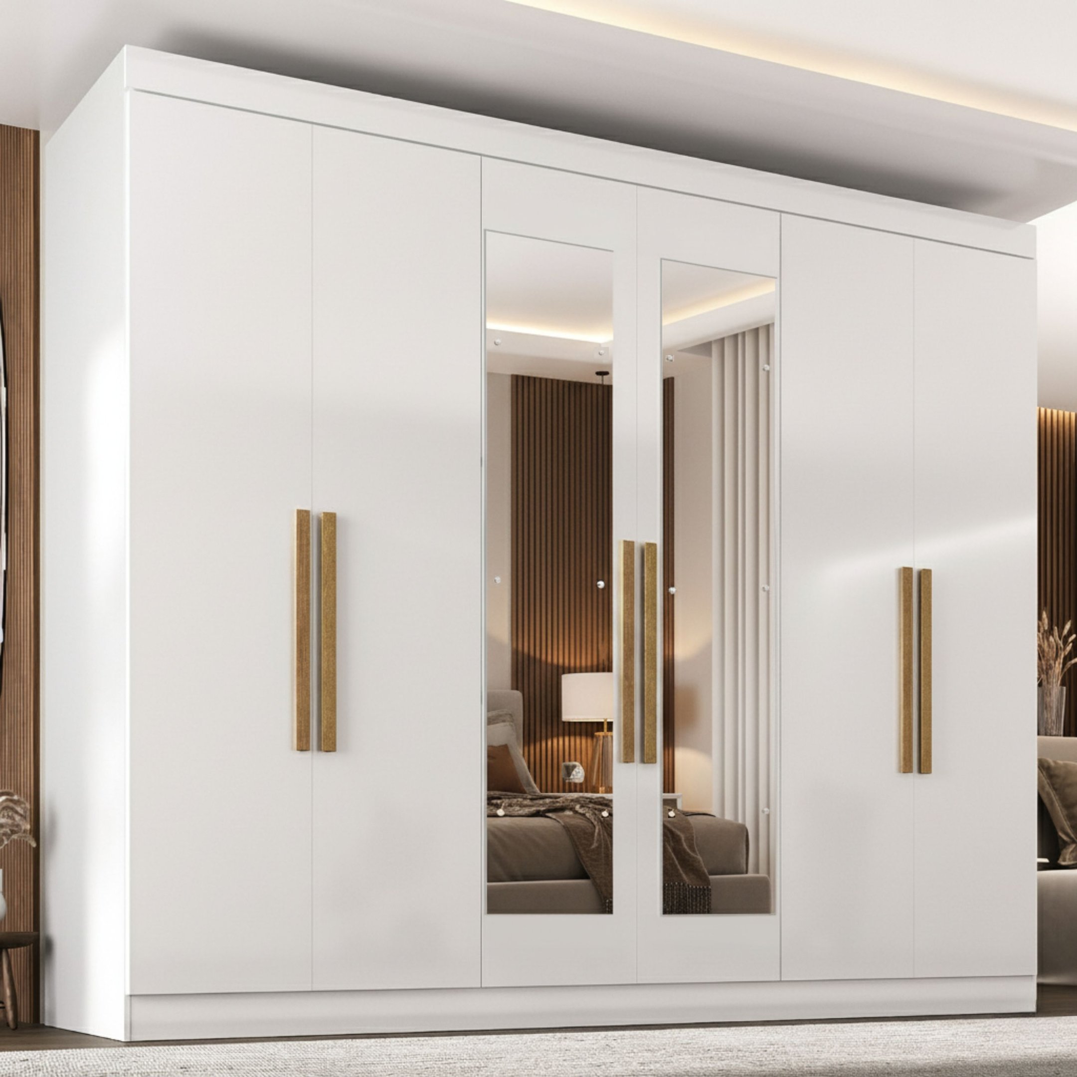 Guarda-roupa 6 Portas Com Puxadores Mdf 50 E Espelho Paris Branco