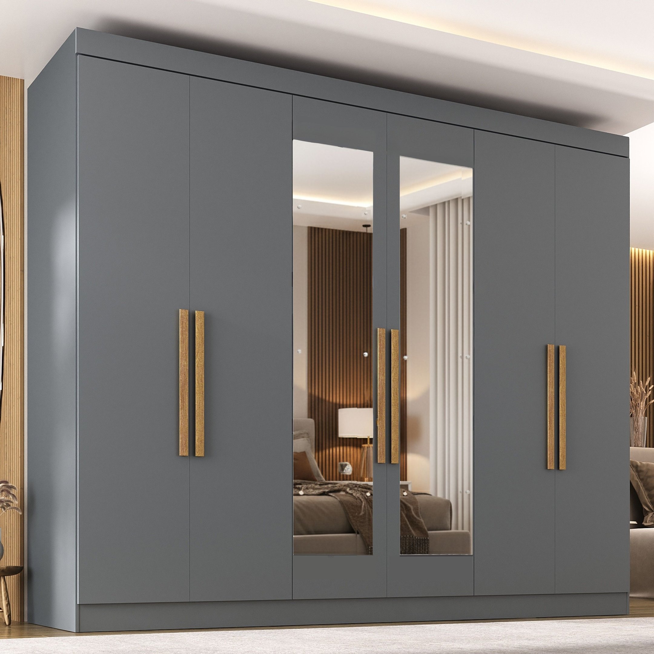Guarda-roupa 6 Portas Mdp Com Puxador Mdf E Espelho Paris Onix