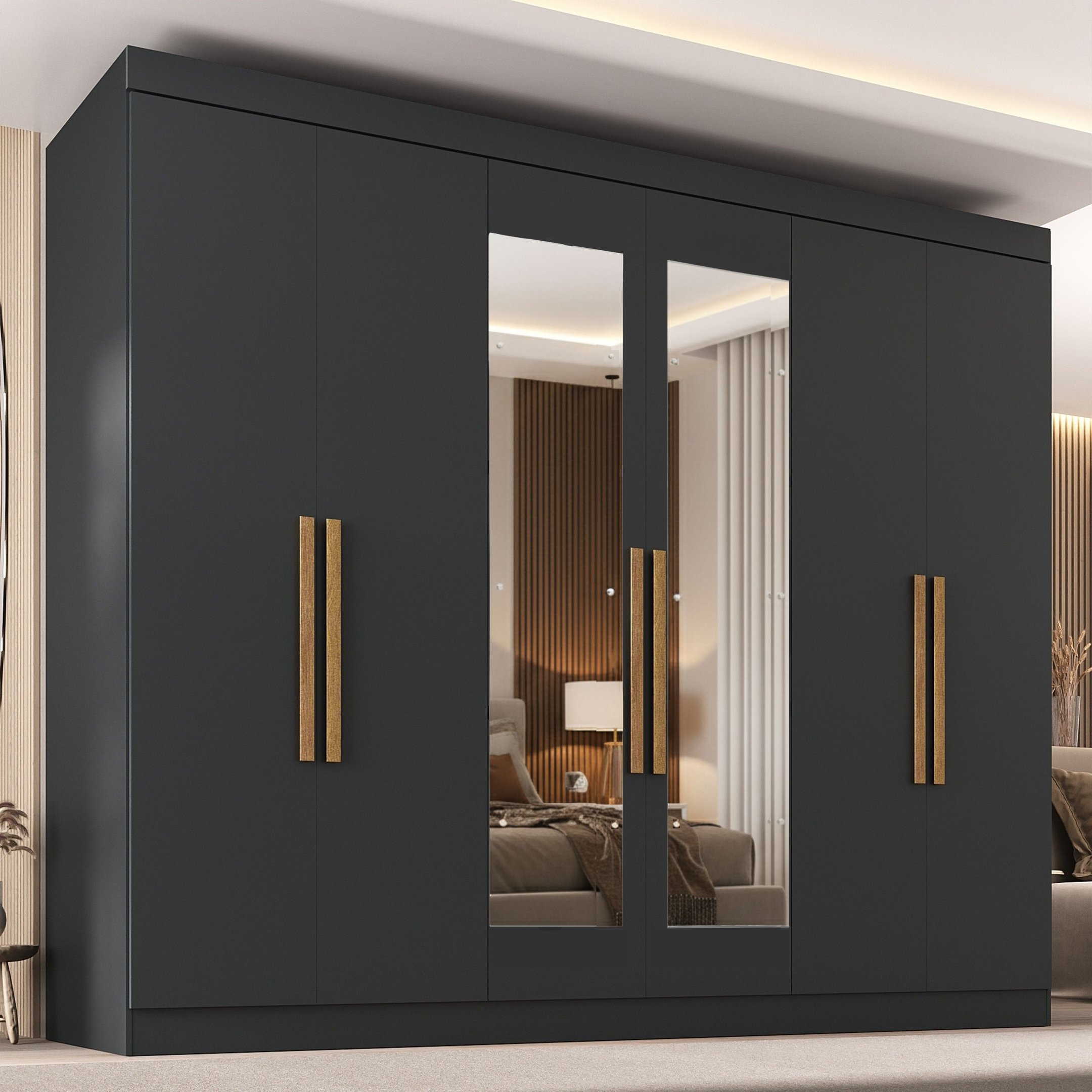 Guarda-roupa 6 Portas Com Puxador Mdf 50 E Espelho Paris Preto