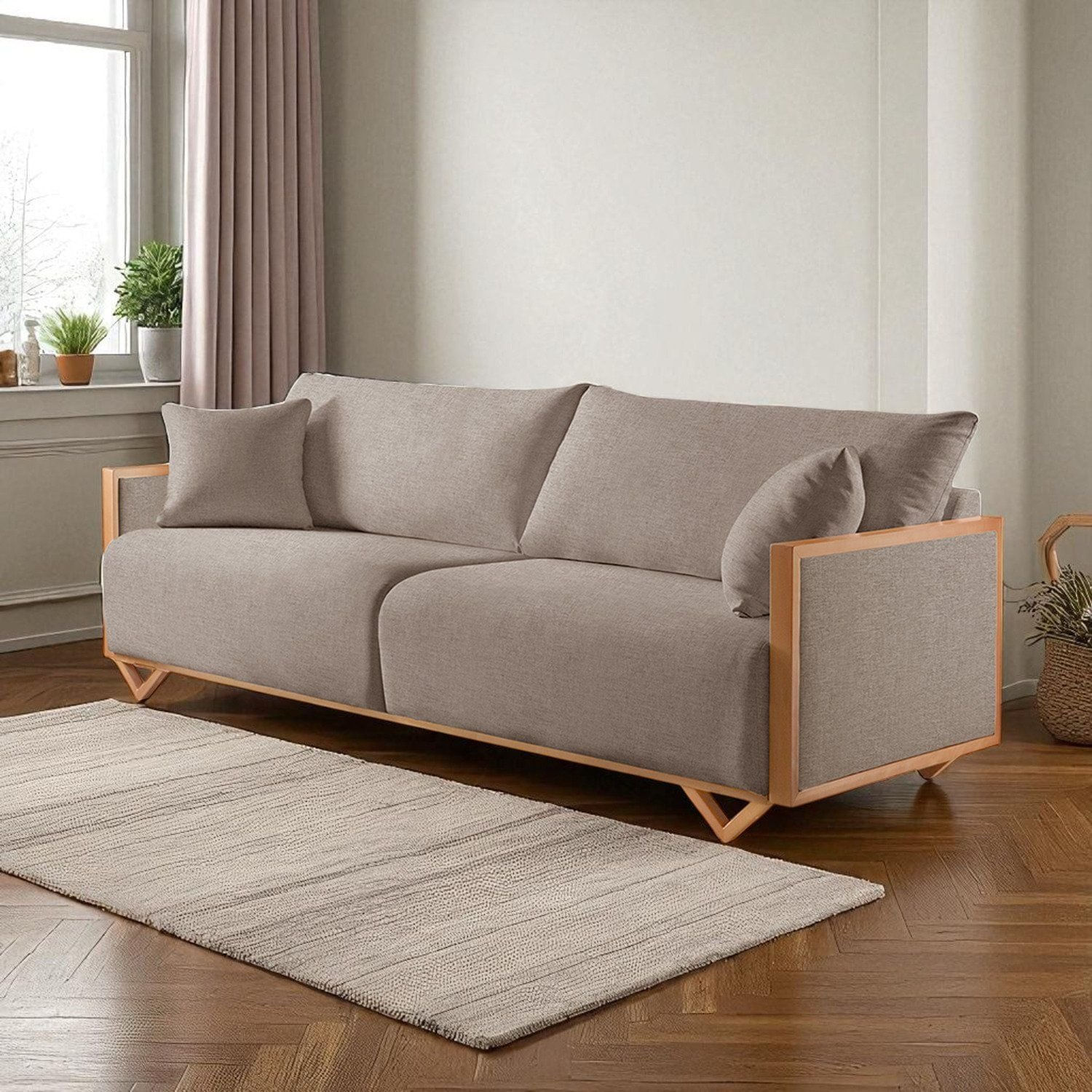 Sofá Fixo Lara 3 Lugares Luxo 2,10m Castellar Móbile Linho Cappuccino