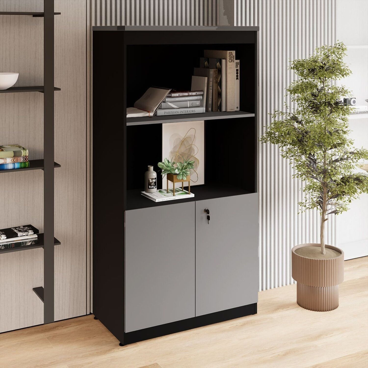 Estante Armário 160cm Para Escritório Com 2 Portas Puxadores Cava Corporate F5 Cinza Sagrado / Preto