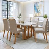 Conjunto Sala Jantar Mesa Bold 170cm Maxi Tampo 4cm Mdf E Vidro E 6 Cadeiras Pés Madeira Maciça Jade Amêndoa Clean/off White/naturale Creme