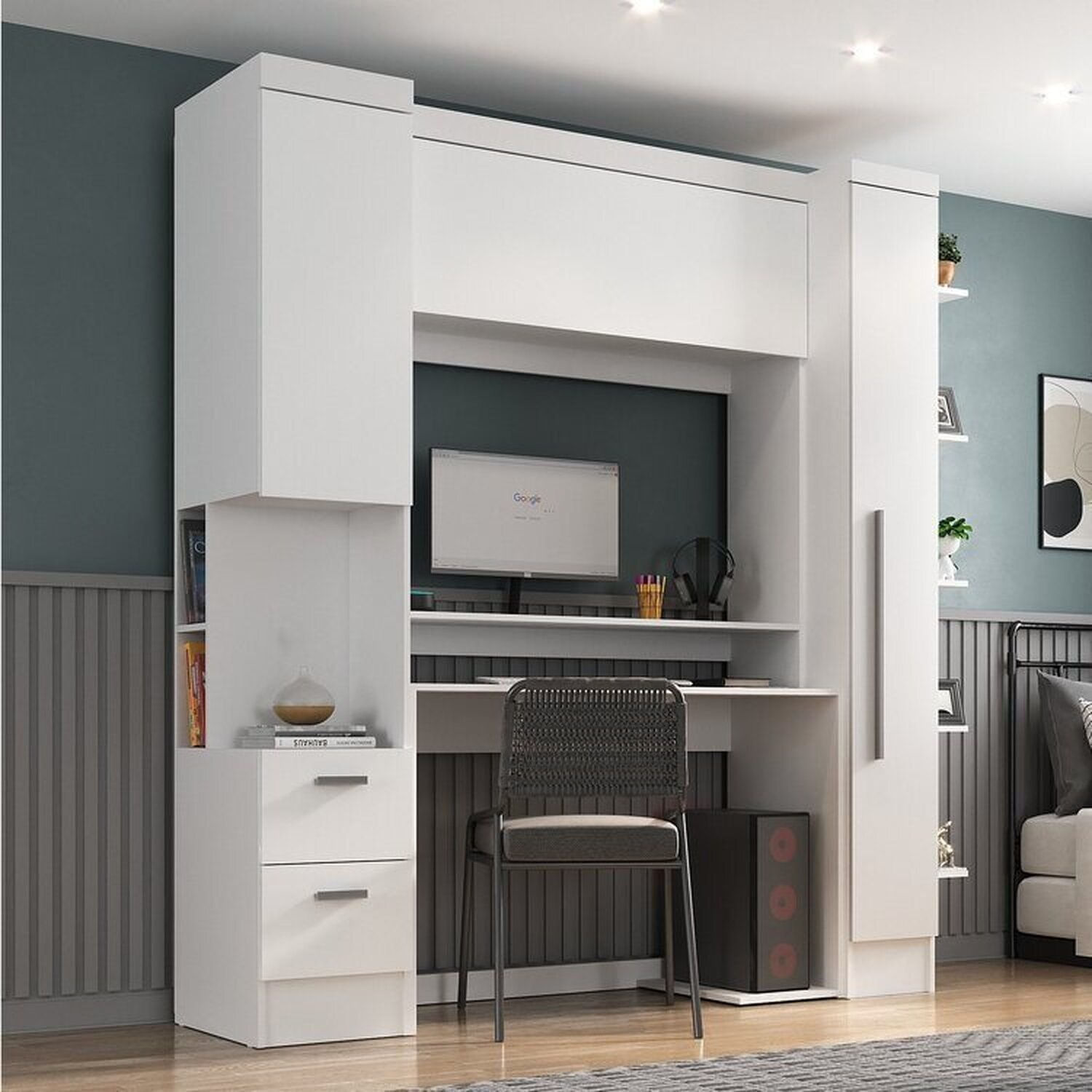 Escrivaninha Mesa Escritório Com Armário 3 Portas 2 Gavetas Modulado Viena Espresso Móveis Branco