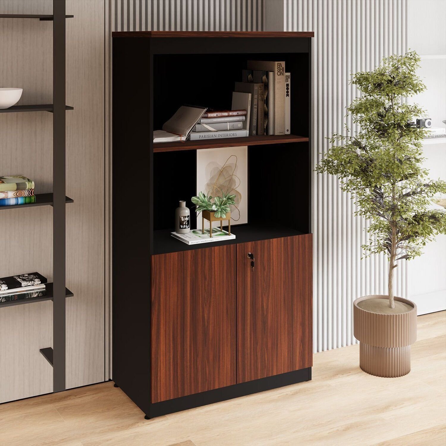 Estante Armário 160cm Para Escritório Com 2 Portas Puxadores Cava Corporate F5 Louro Preto / Preto