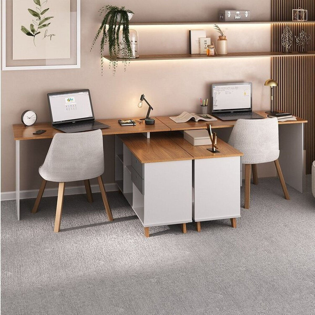 Conjunto Escritório Para 2 Pessoas 2 Escrivaninhas Gold Freijó/branco/grafito