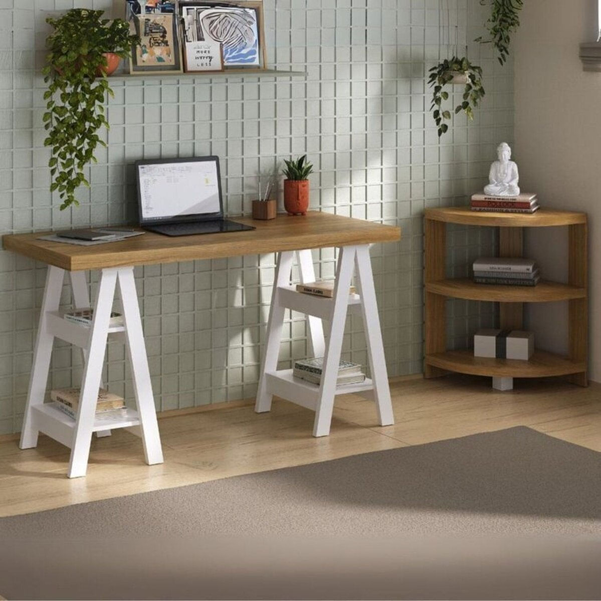 Kit Escritório Completo Escrivaninha Cavalete Art + Estante De Canto Wind Olmo/branco