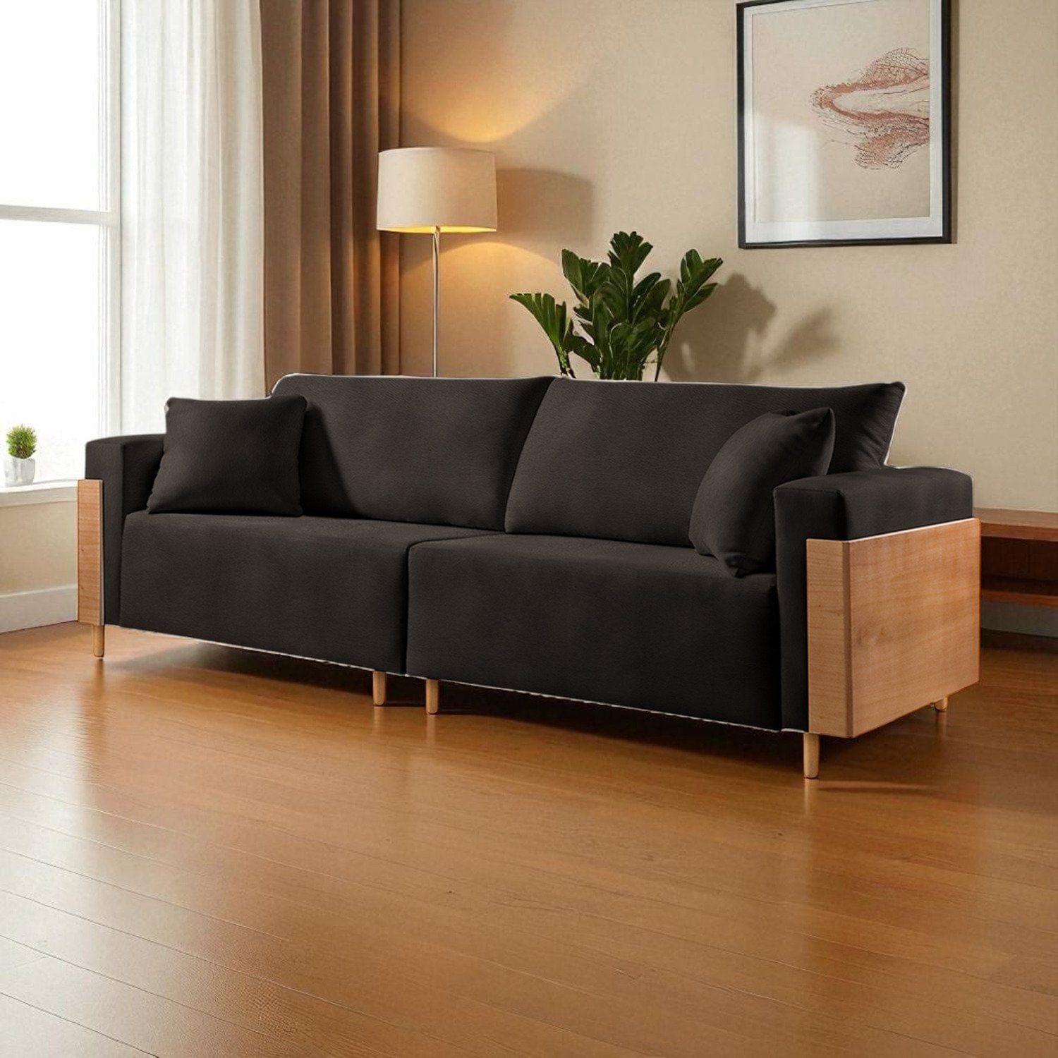 Sofá Fixo Heitor Pé De Madeira Luxo 1,60m Castellar Móbile Corino Preto