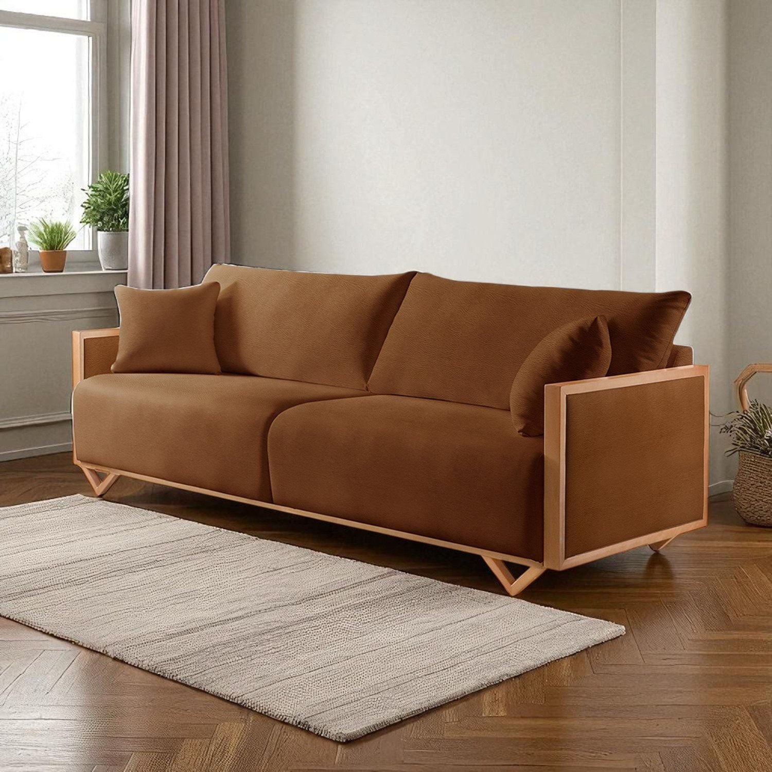 Sofá Fixo Lara 3 Lugares Luxo 2,10m Castellar Móbile Corino Caramelo