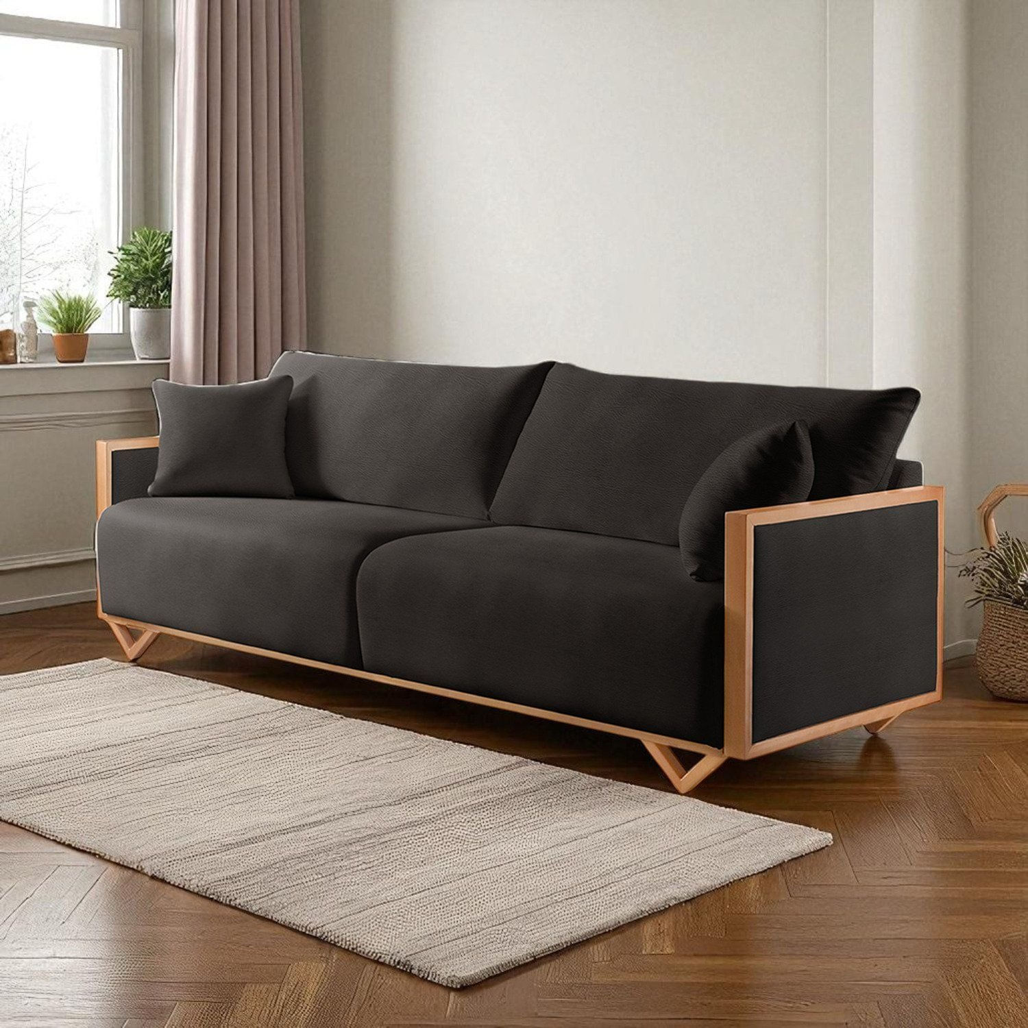 Sofá Fixo Lara 4 Lugares Luxo 2,70m Castellar Móbile Corino Preto