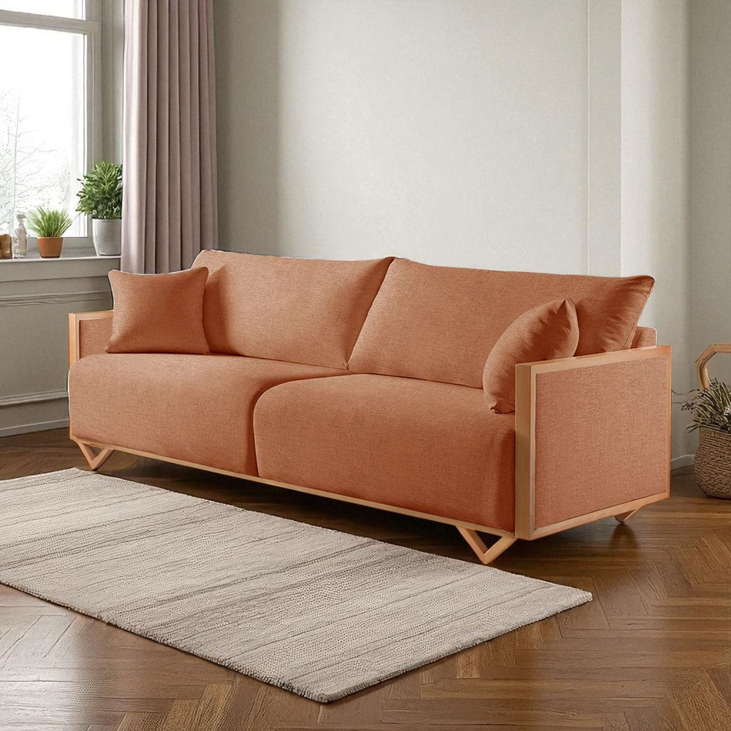 Sofá Fixo Lara 3 Lugares Luxo 2,10m Castellar Móbile Linho Terracota