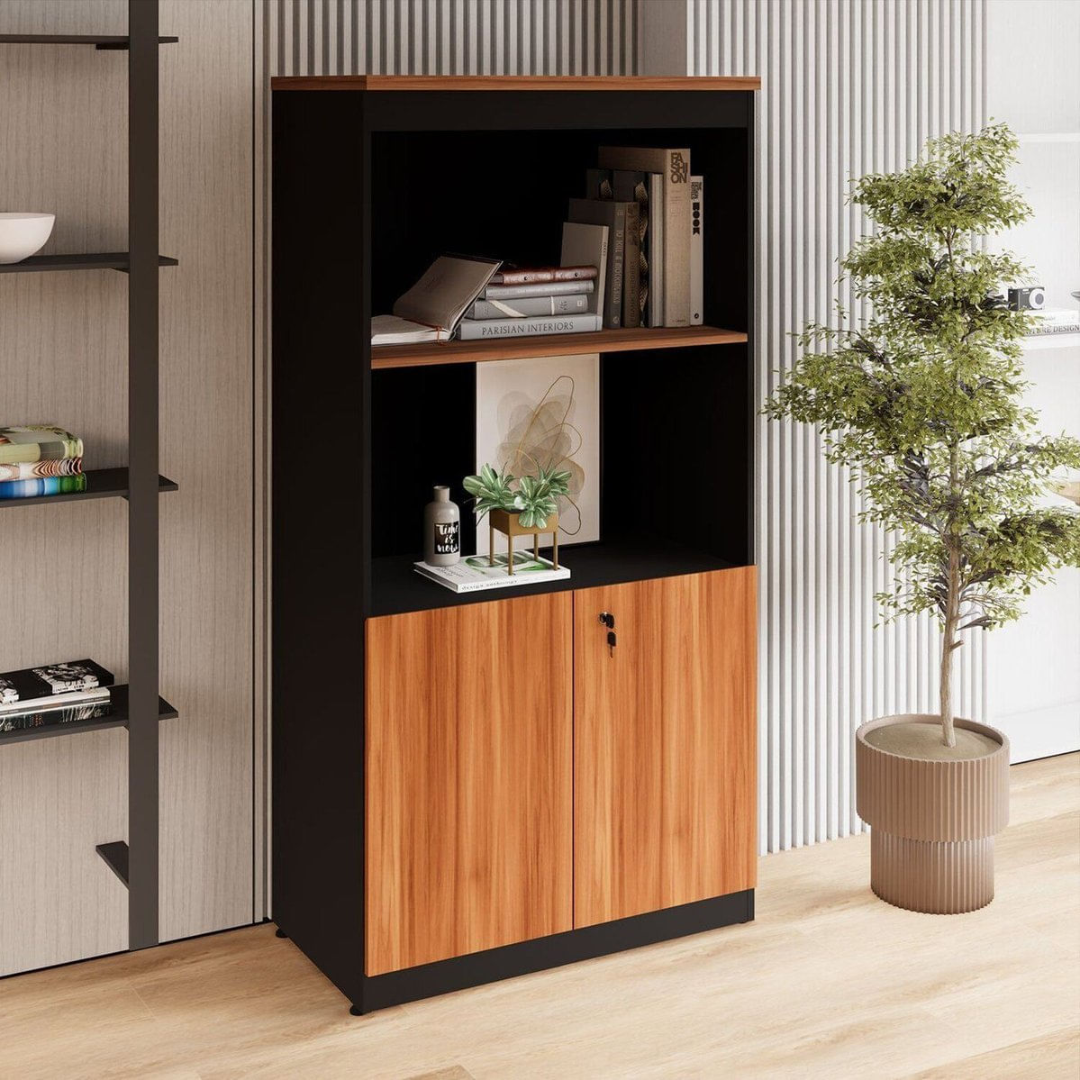 Estante Armário 160cm Para Escritório Com 2 Portas Puxadores Cava Corporate F5 Nogal / Preto