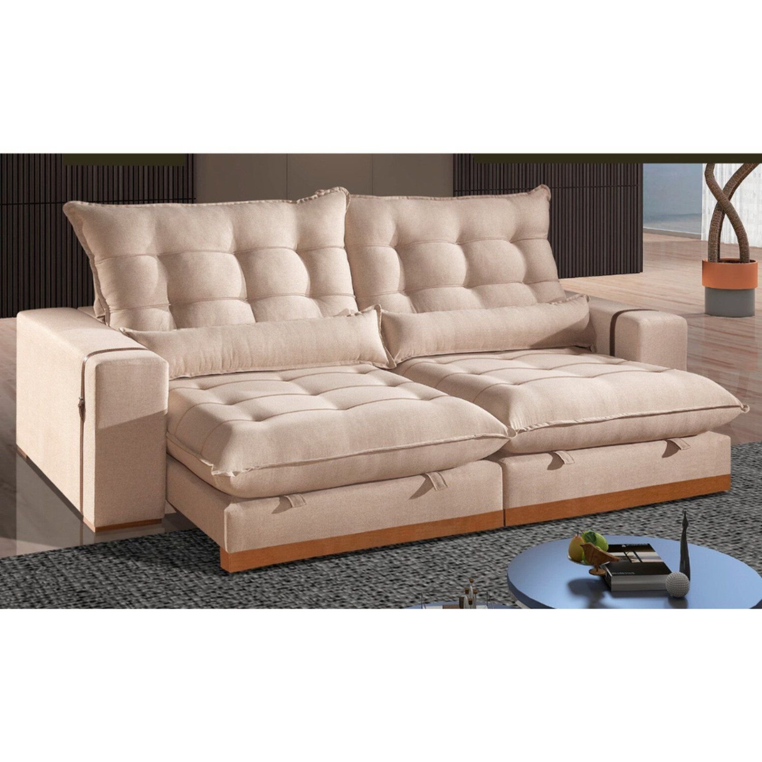 Sofá Retrátil E Reclinável 210cm Linho Dubai Bege