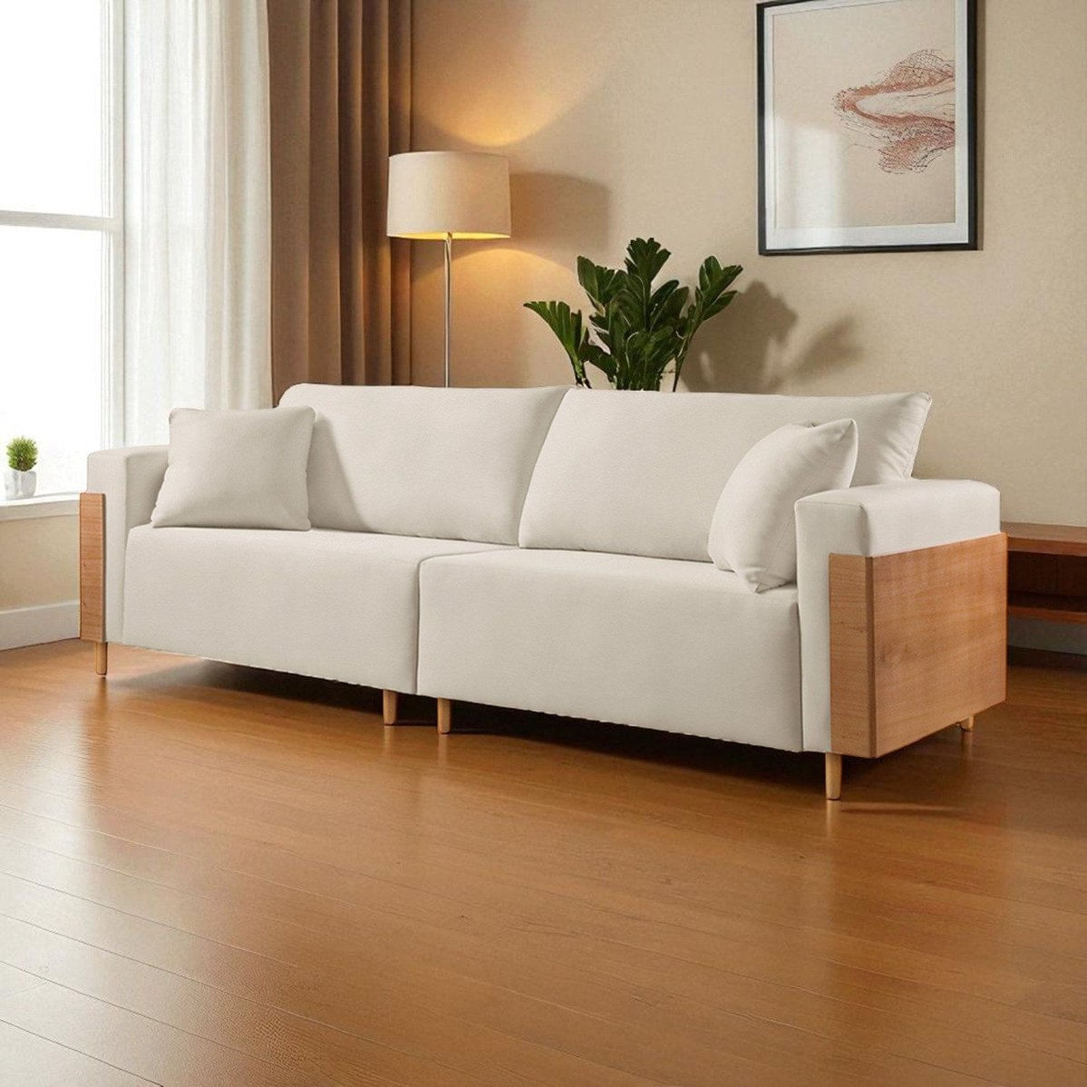 Sofá Fixo Heitor 3 Lugares Luxo Pé De Madeira 2,0m Castellar Móbile Corino Off White