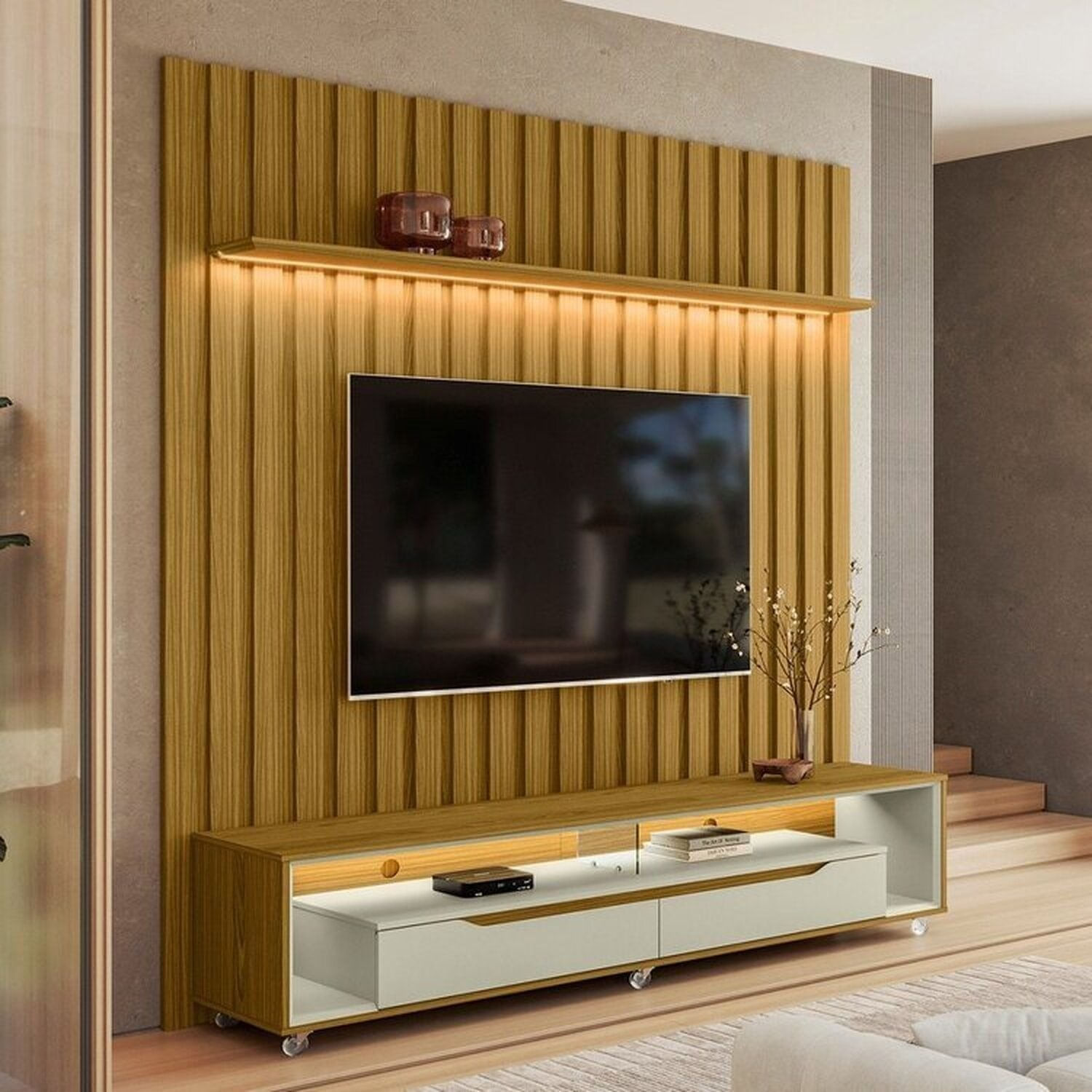 Painel Ripado Com Led London 177cm E Rack Loop Com Rodízios Tv 70 Polegadas Cedro/freijó/off White