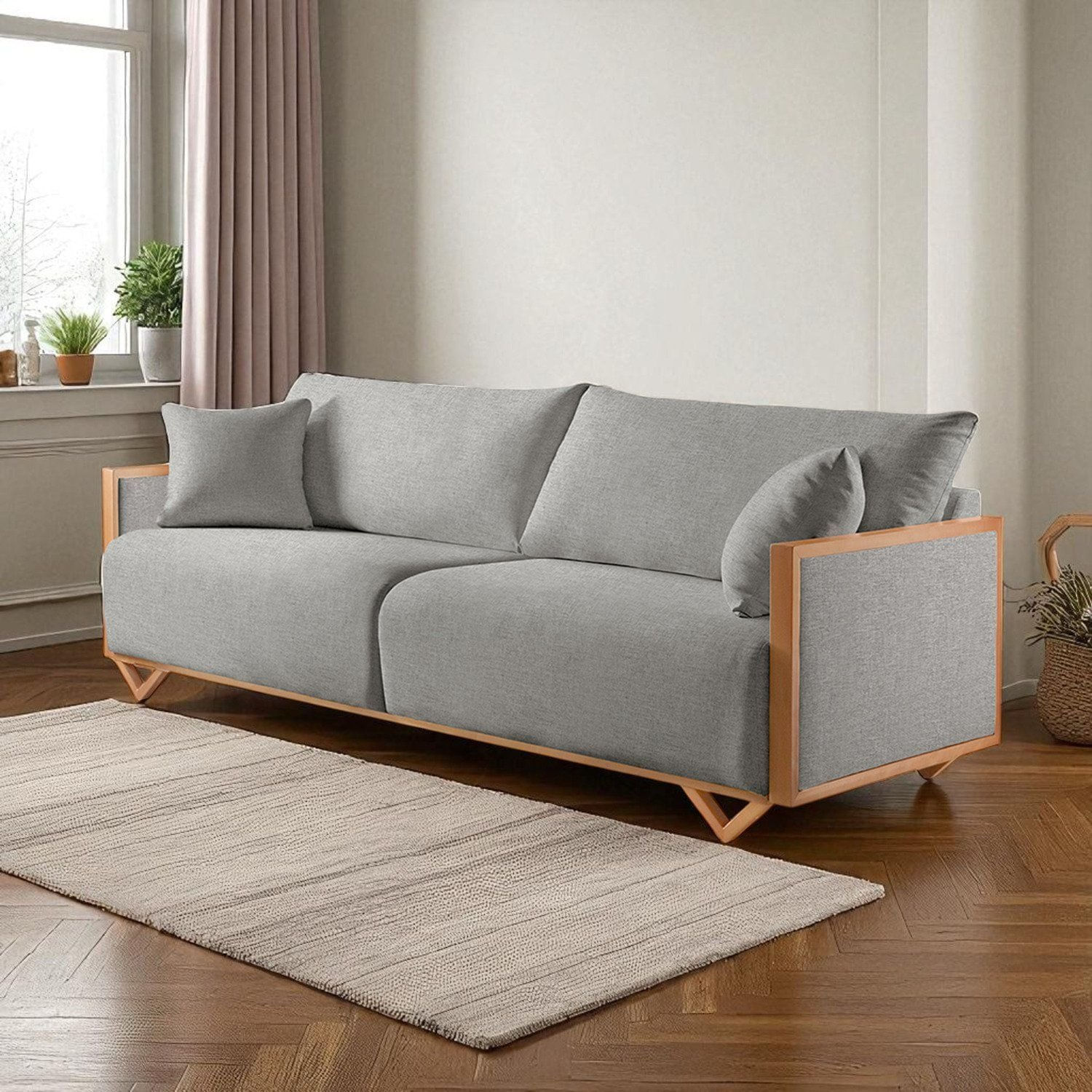 Sofá Fixo Lara 3 Lugares Luxo 2,10m Castellar Móbile Linho Cinza