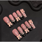 Press On Nails, Feito À Mão, Preto, Design De Nó Francês, Estilo Feminino