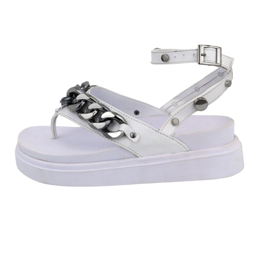 Sandália Papete Feminina Dedo Flatform Detalhe Corrente Frontal Amarração Tornozelo Anatomica