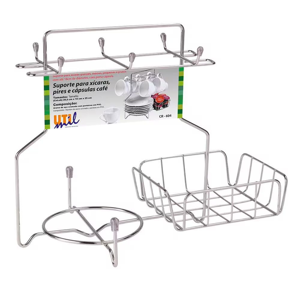 Suporte Para Xícaras Pires Cápsulas Café Cromado Com 6 Ganchos 25x19x29,5cm Utimil