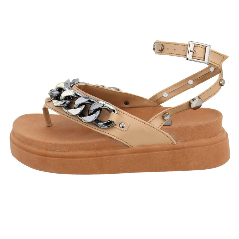 Sandália Papete Feminina Dedo Flatform Detalhe Corrente Frontal Amarração Tornozelo Anatomica