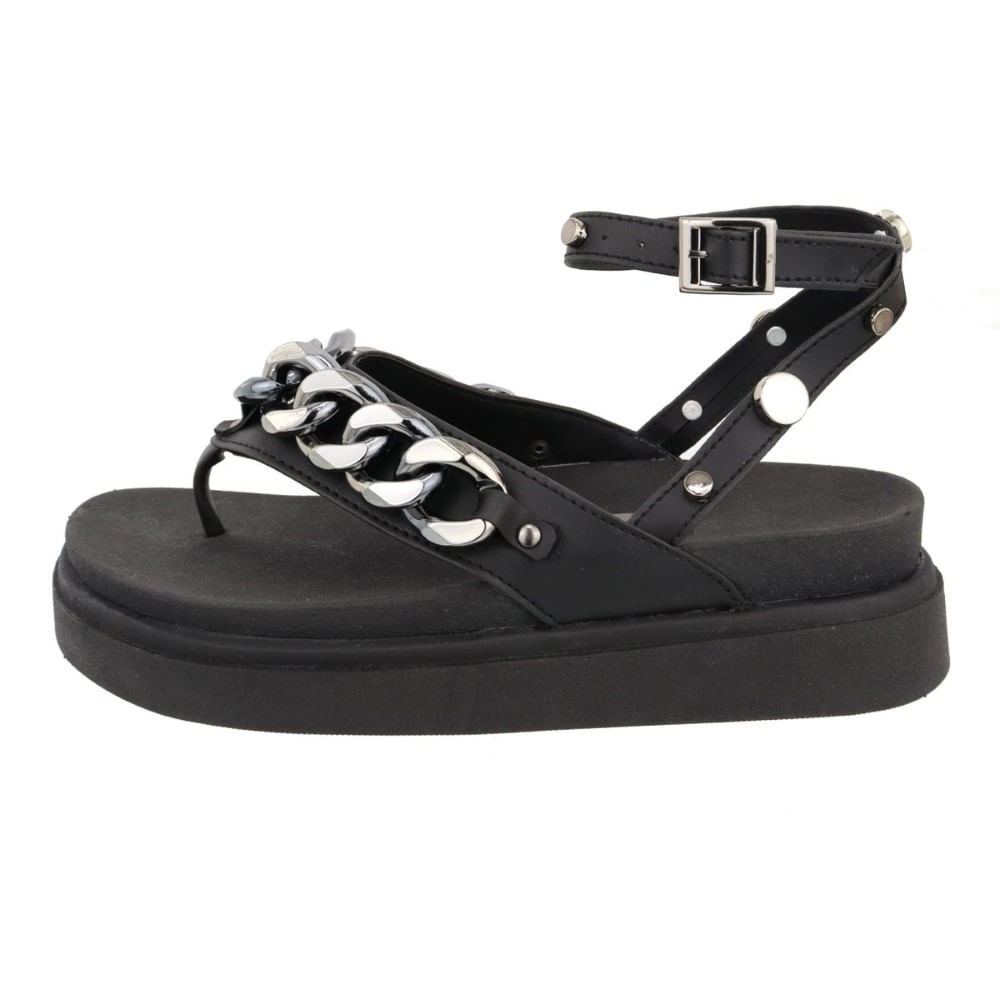 Sandália Papete Feminina Dedo Flatform Detalhe Corrente Frontal Amarração Tornozelo Anatomica