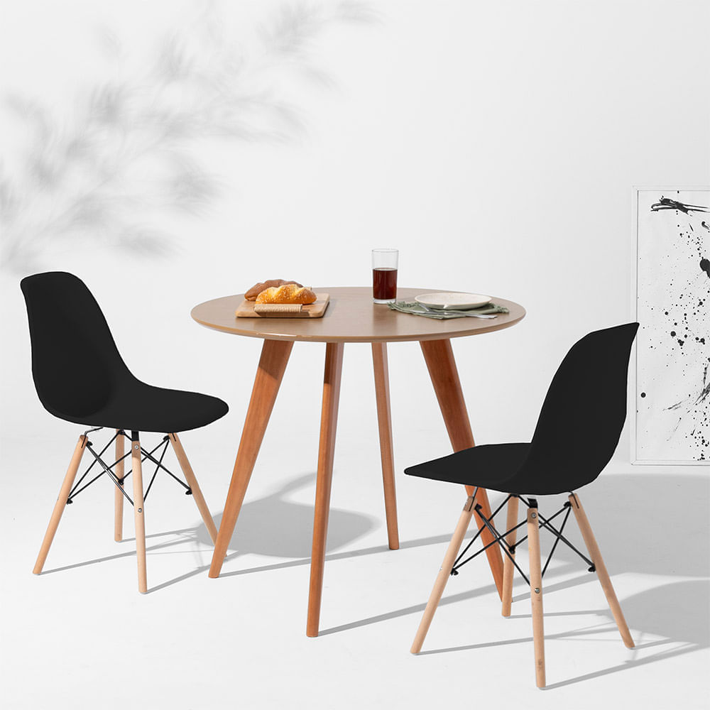 Conjunto Mesa Square Redonda Bétula - 88cm Com + 2 Cadeiras Eiffel - Preto