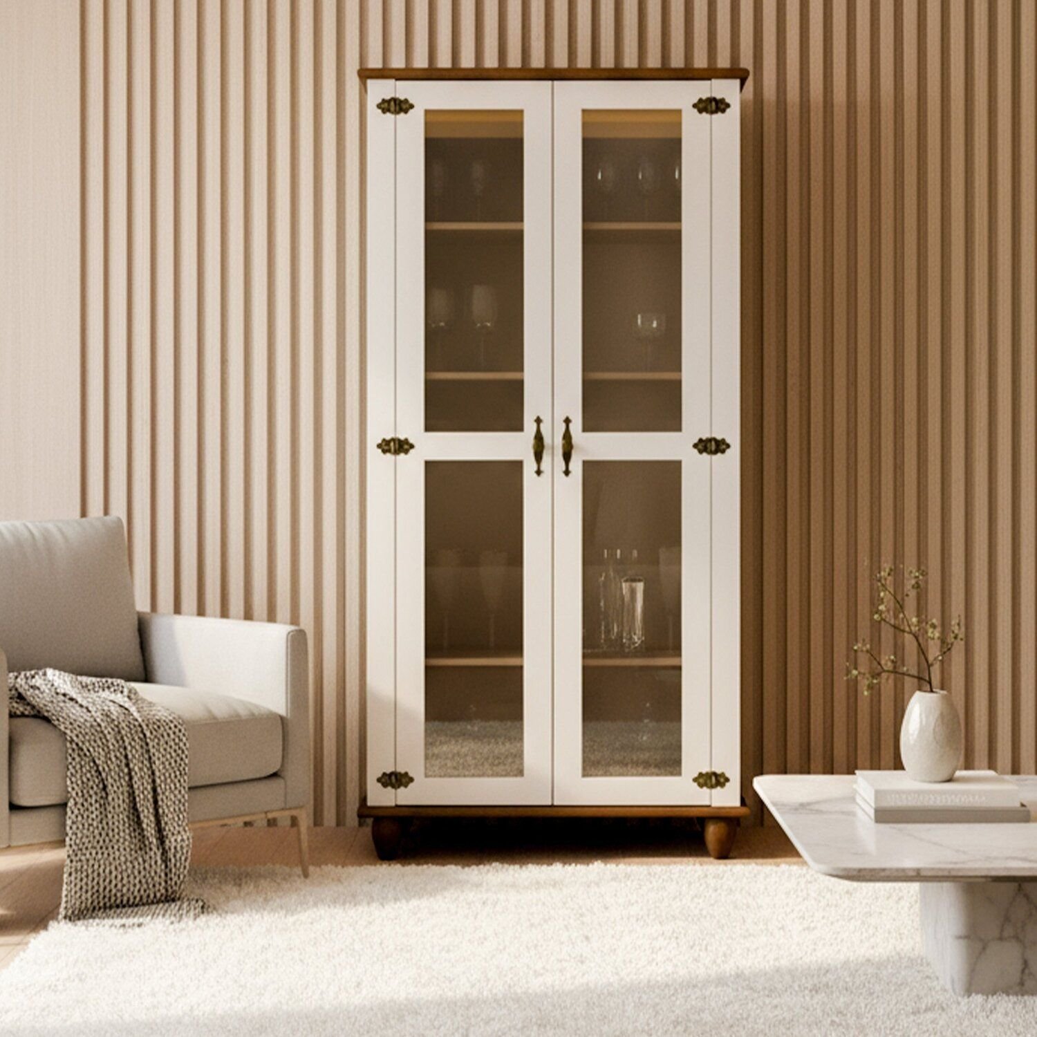 Cristaleira 2 Portas Tampo Base E Pés Em Madeira Maciça Joy Off White