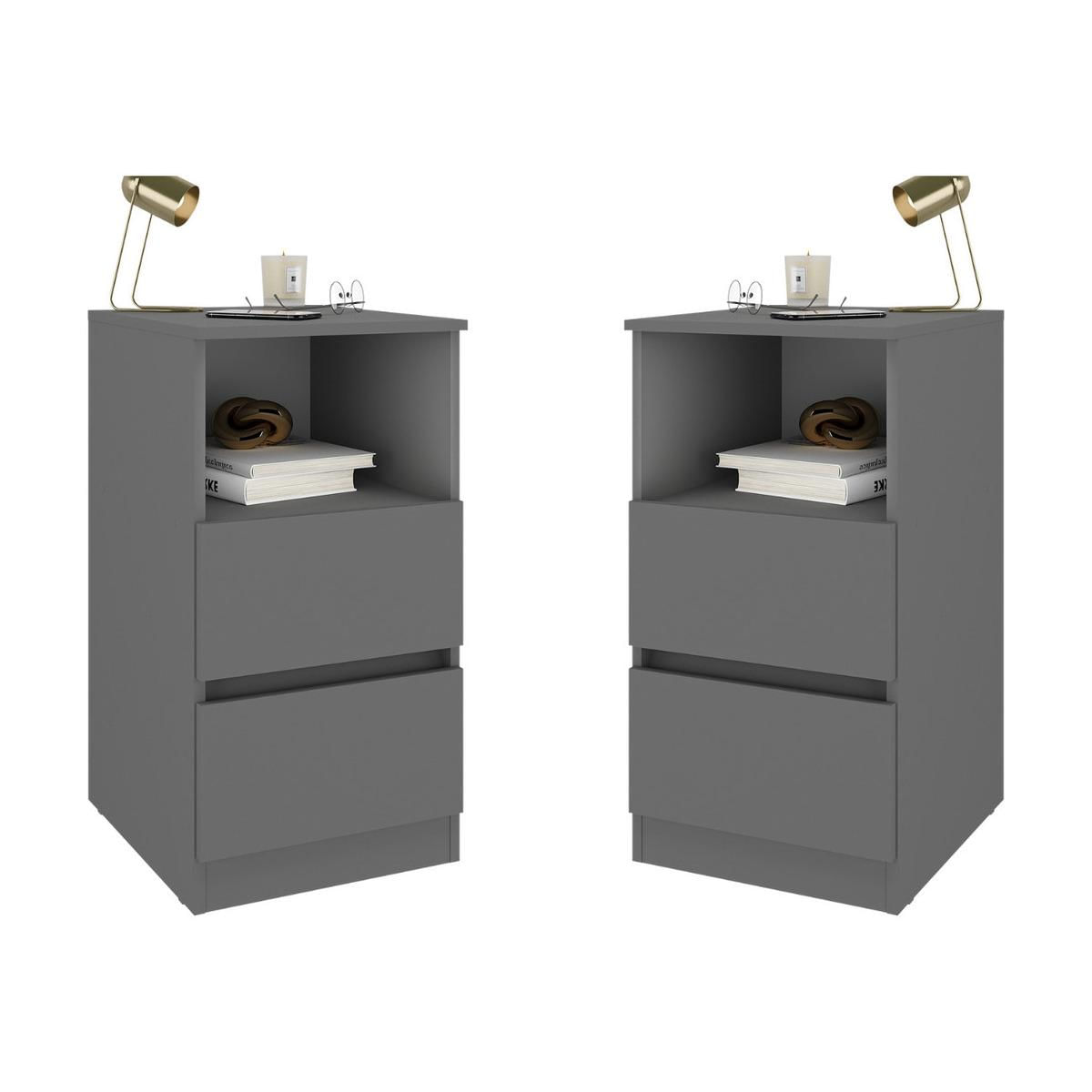 Kit 2 Mesas De Cabeceira 38,5cm 2 Gavetas Multimóveis Mp4501 Grafite