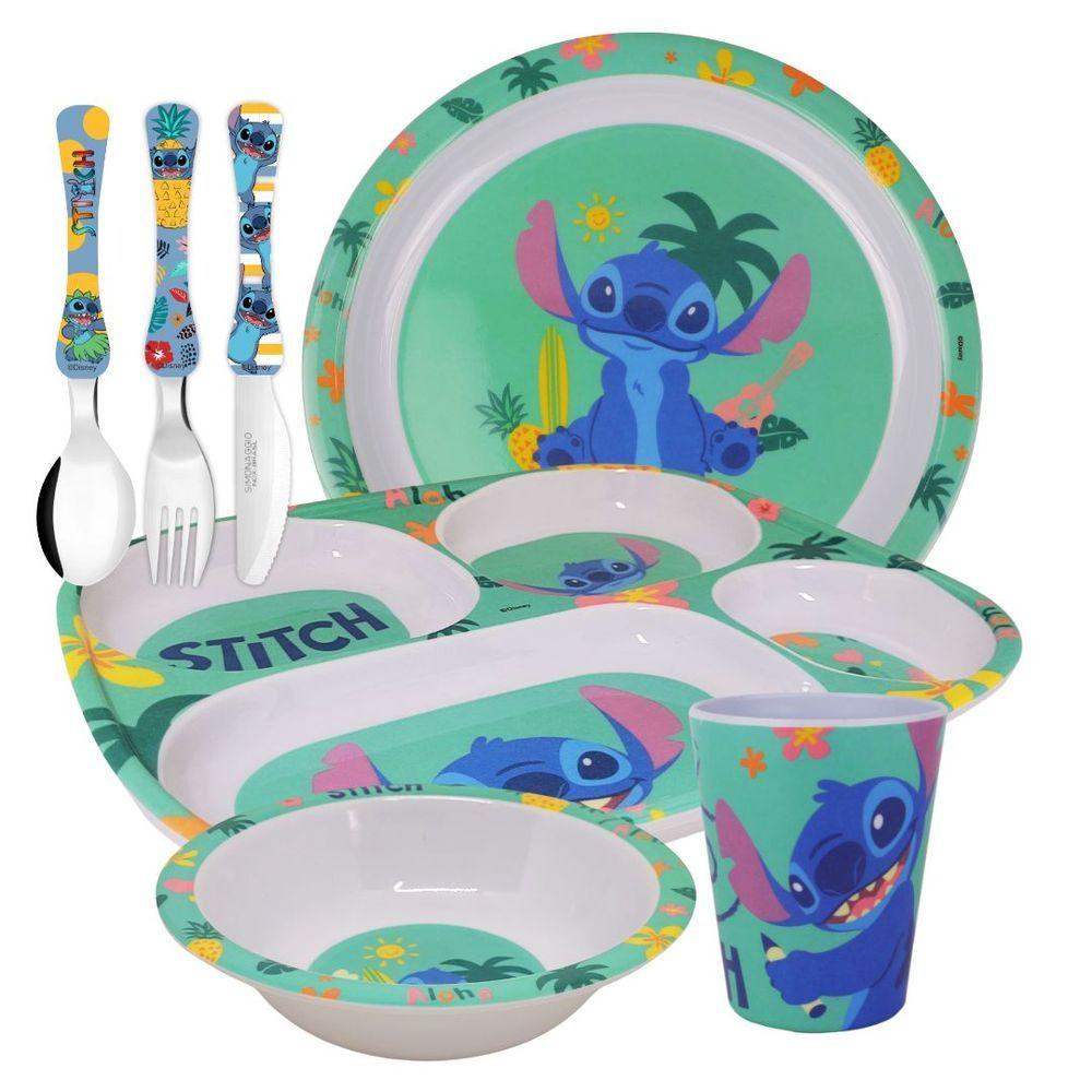 Jogo Refeição Infantil Melamina Stitch Disney Pratos, Tigela, Copo E Talheres Inox - Tuut