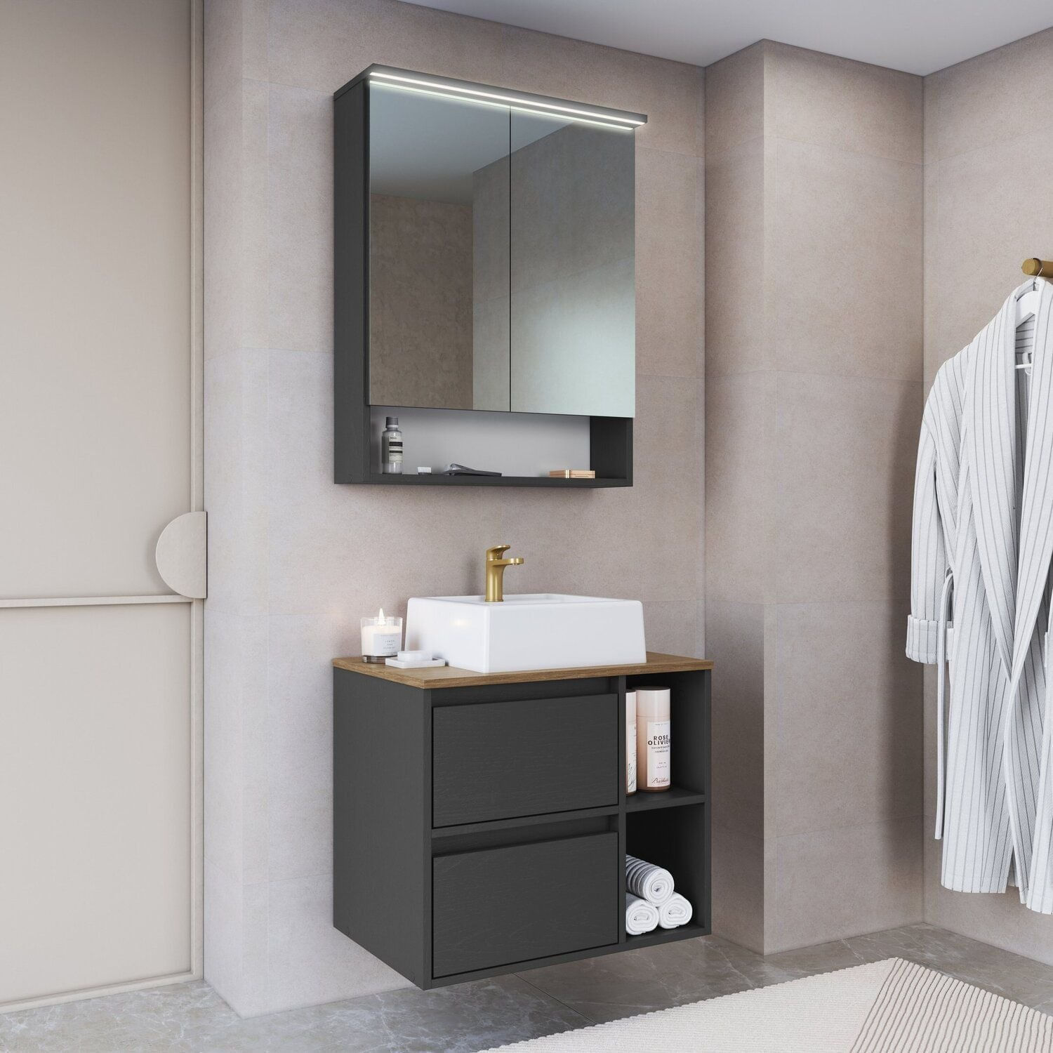 Conjunto Para Banheiro Gabinete Suspenso 60cm Com Cuba Espelheira Com Led Cj8005.40 Mel/grafite