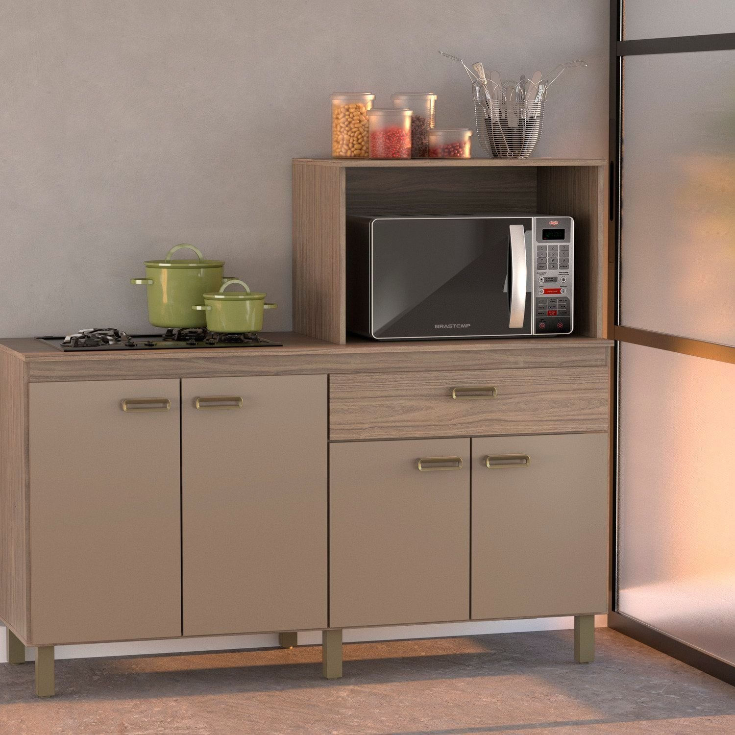 Balcão Cooktop E Forno Micro-ondas 4 Portas E 1 Gaveta Champagne / Rosé