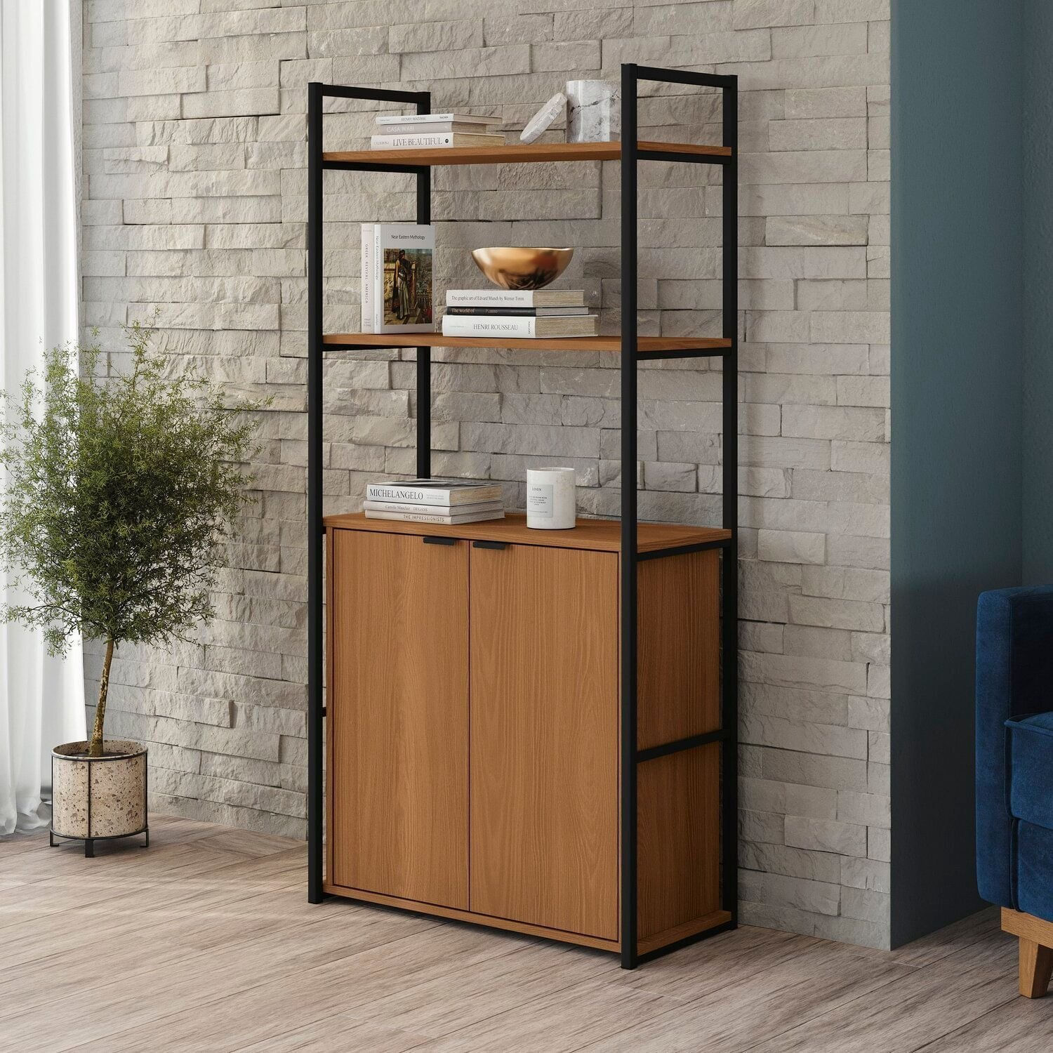 Estante Alta Para Livros Com 2 Portas Industrial Canela/preto Fosco