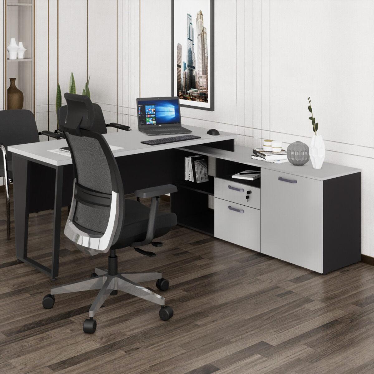 Escrivaninha Com Balcão Lateral 170cm 1 Porta 2 Gavetas Flex Multimóveis Cr25307 Cinza/preto