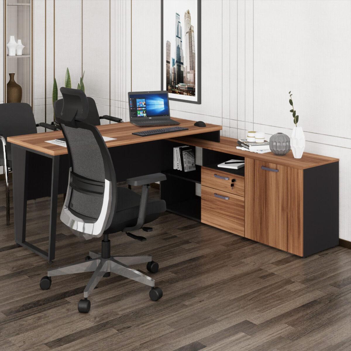 Escrivaninha Com Balcão Lateral 170cm 1 Porta 2 Gavetas Flex Multimóveis Cr25307 Sevilha/preto