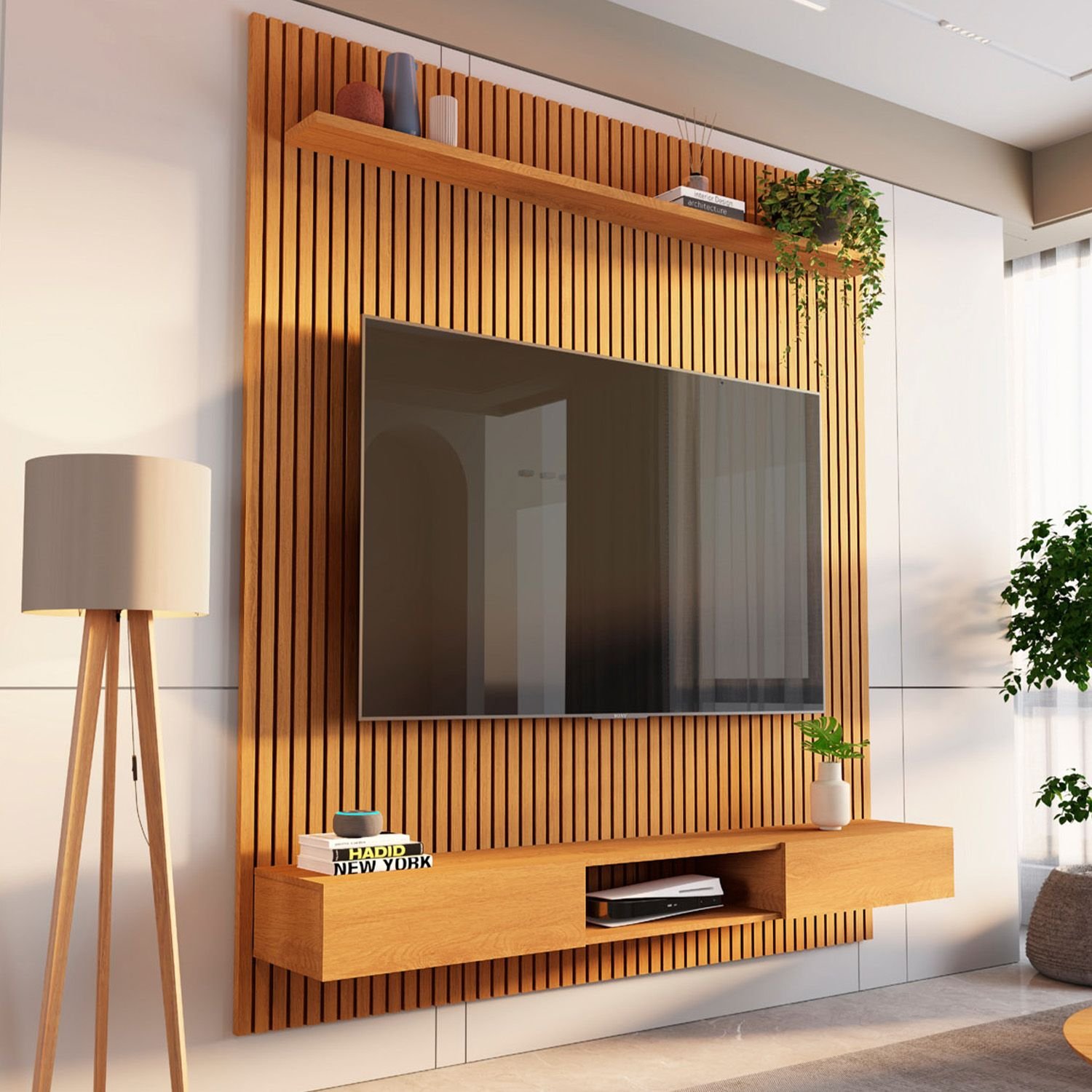 Rack Com Painel Ripado Para Tv Até 72 Polegadas 185x250cm 100% Mdf Aloe Cabecasa Madeiramadeira Nature