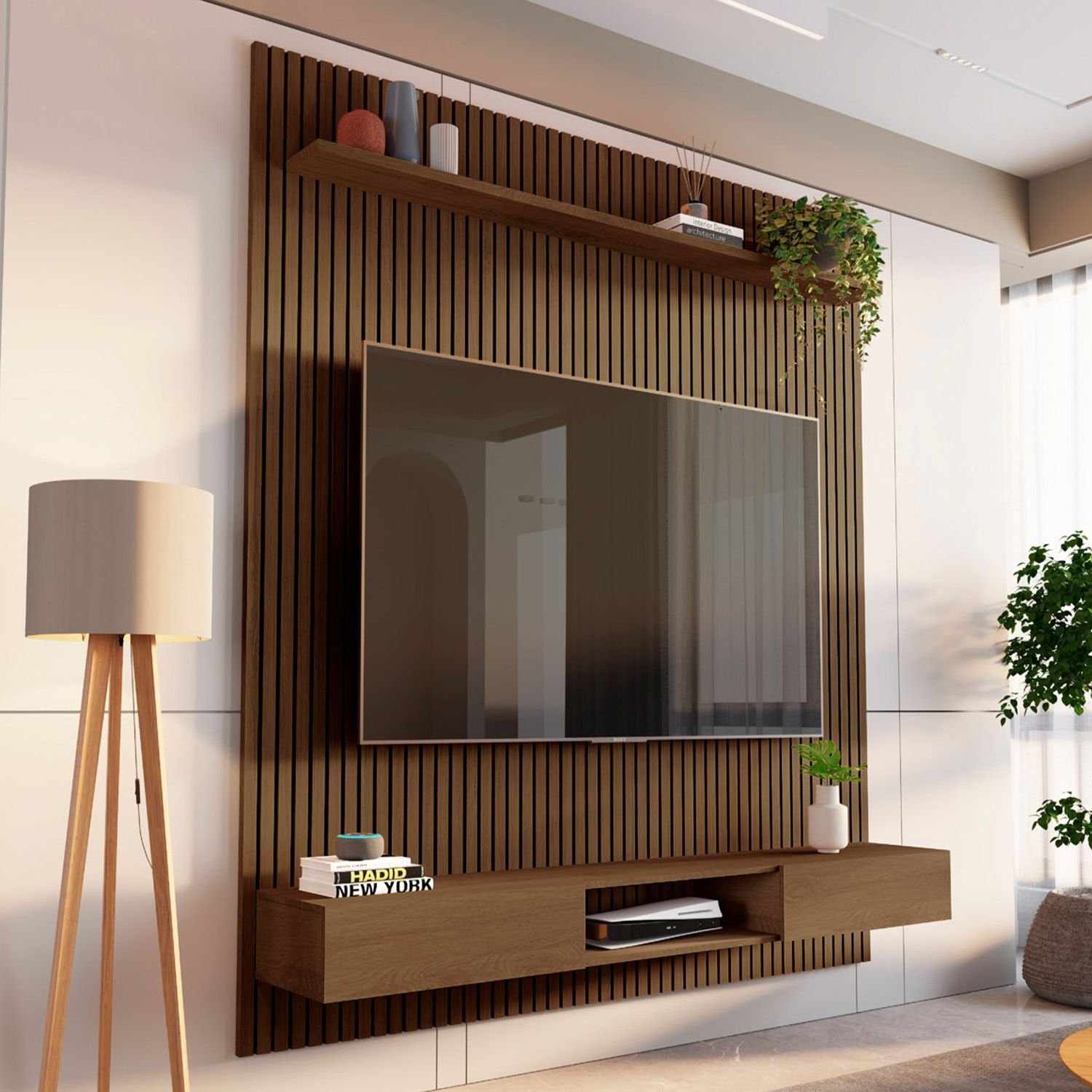 Rack Com Painel Ripado Para Tv Até 72 Polegadas 185x250cm 100% Mdf Aloe Cabecasa Madeiramadeira Cedro