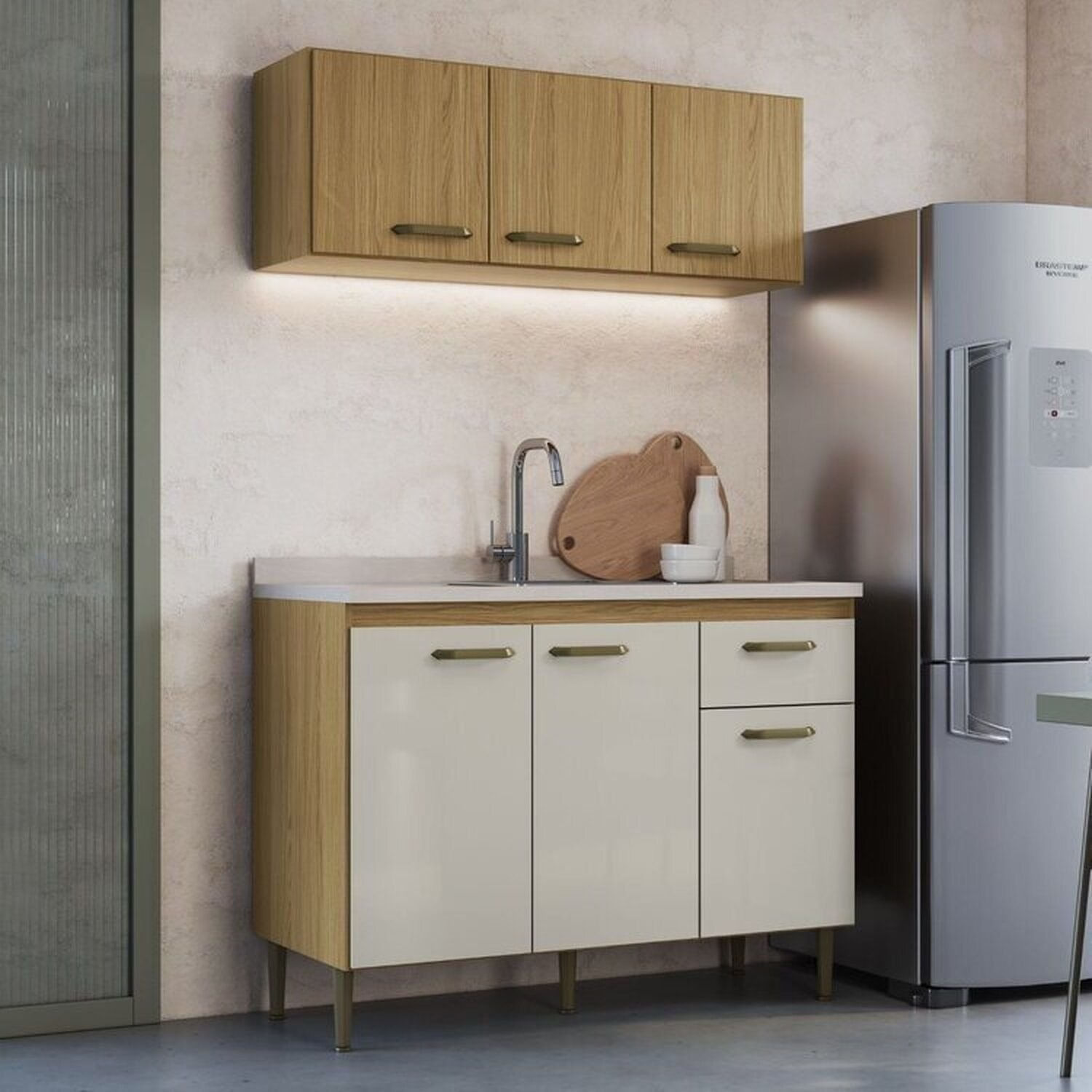 Cozinha Compacta 2 Peças Em Mdp Berlim Ipê/cristalo