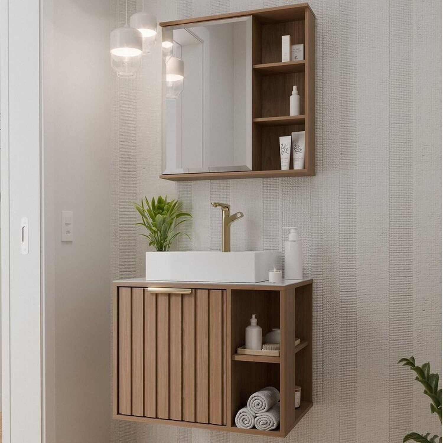 Gabinete Suspenso Banheiro Noruega 60cm Com Cuba E Espelheira Treviso Freijó