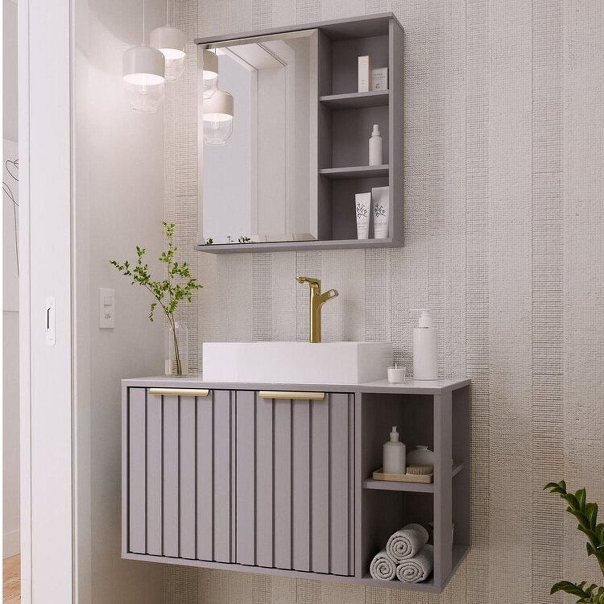 Gabinete Suspenso Banheiro Noruega 80cm Com Cuba E Espelheira Treviso Platina