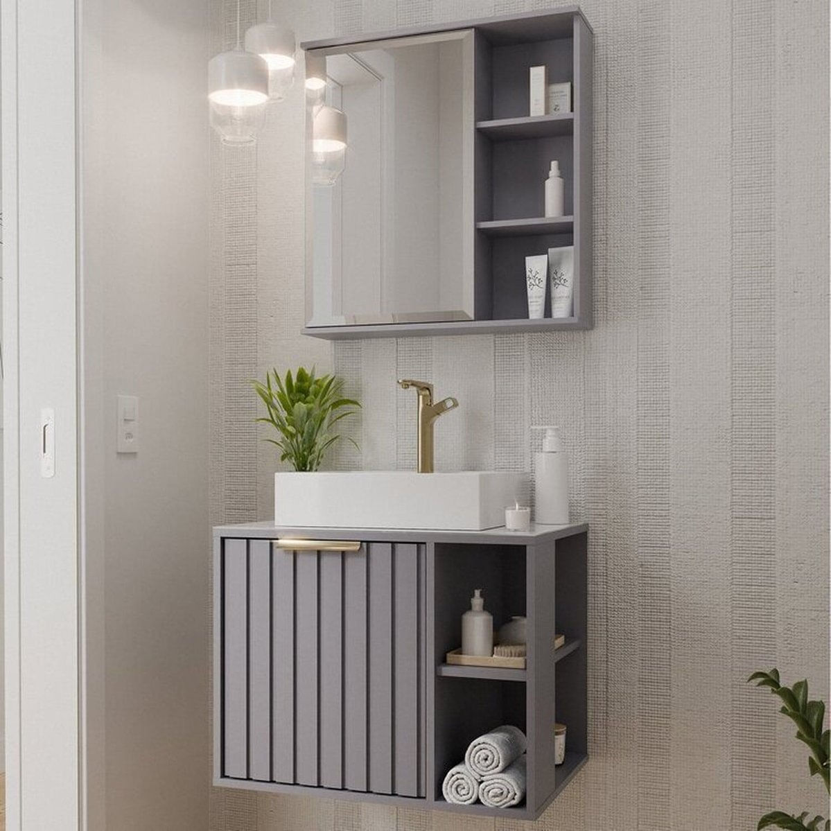 Gabinete Suspenso Banheiro Noruega 60cm Com Cuba E Espelheira Treviso Platina