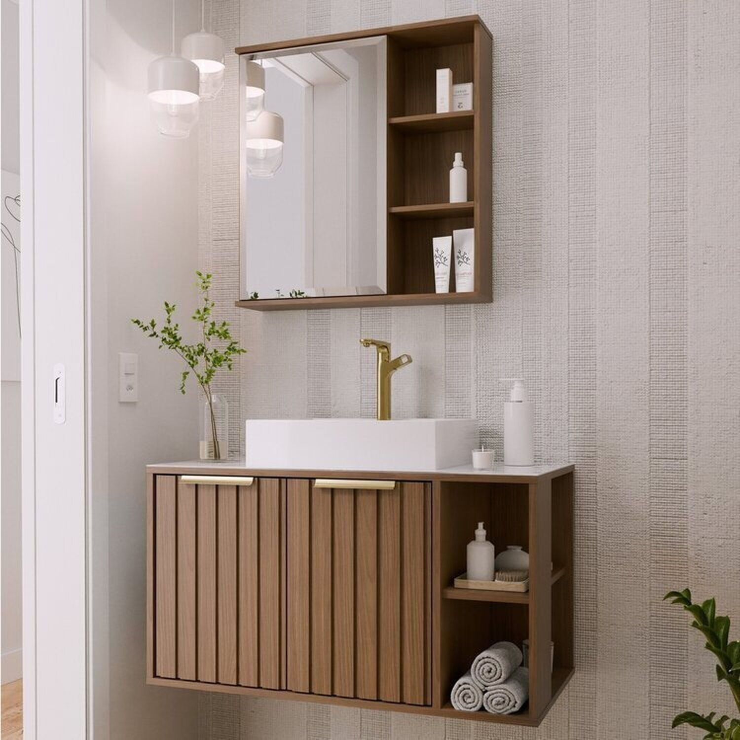 Gabinete Suspenso Banheiro Noruega 80cm Com Cuba E Espelheira Treviso Freijó