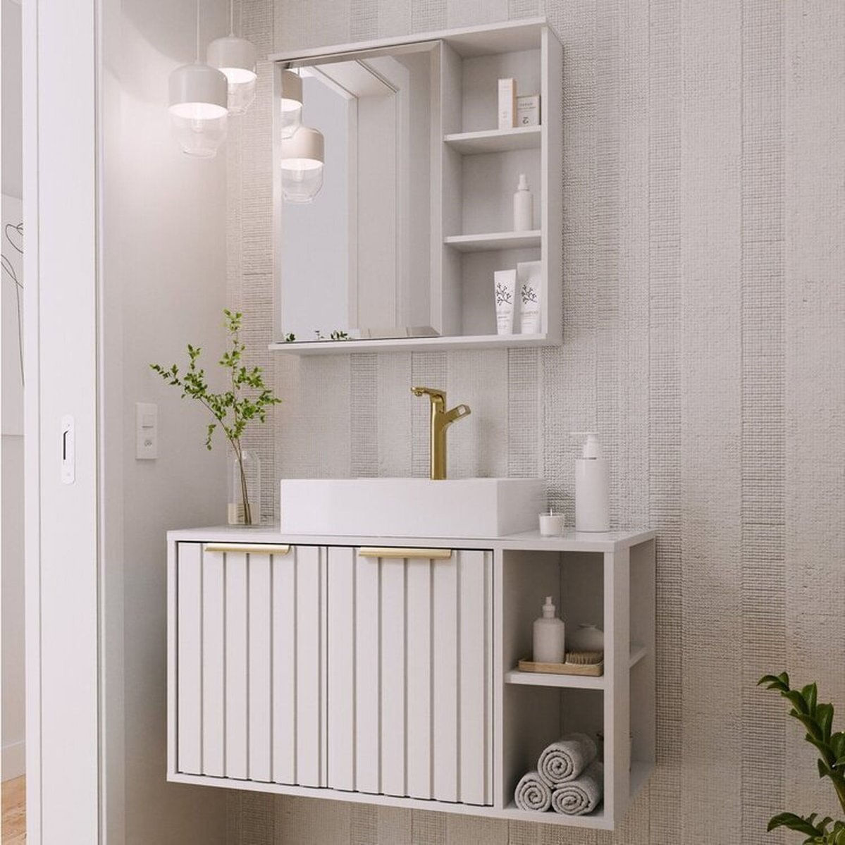 Gabinete Suspenso Banheiro Noruega 80cm Com Cuba E Espelheira Treviso Branco